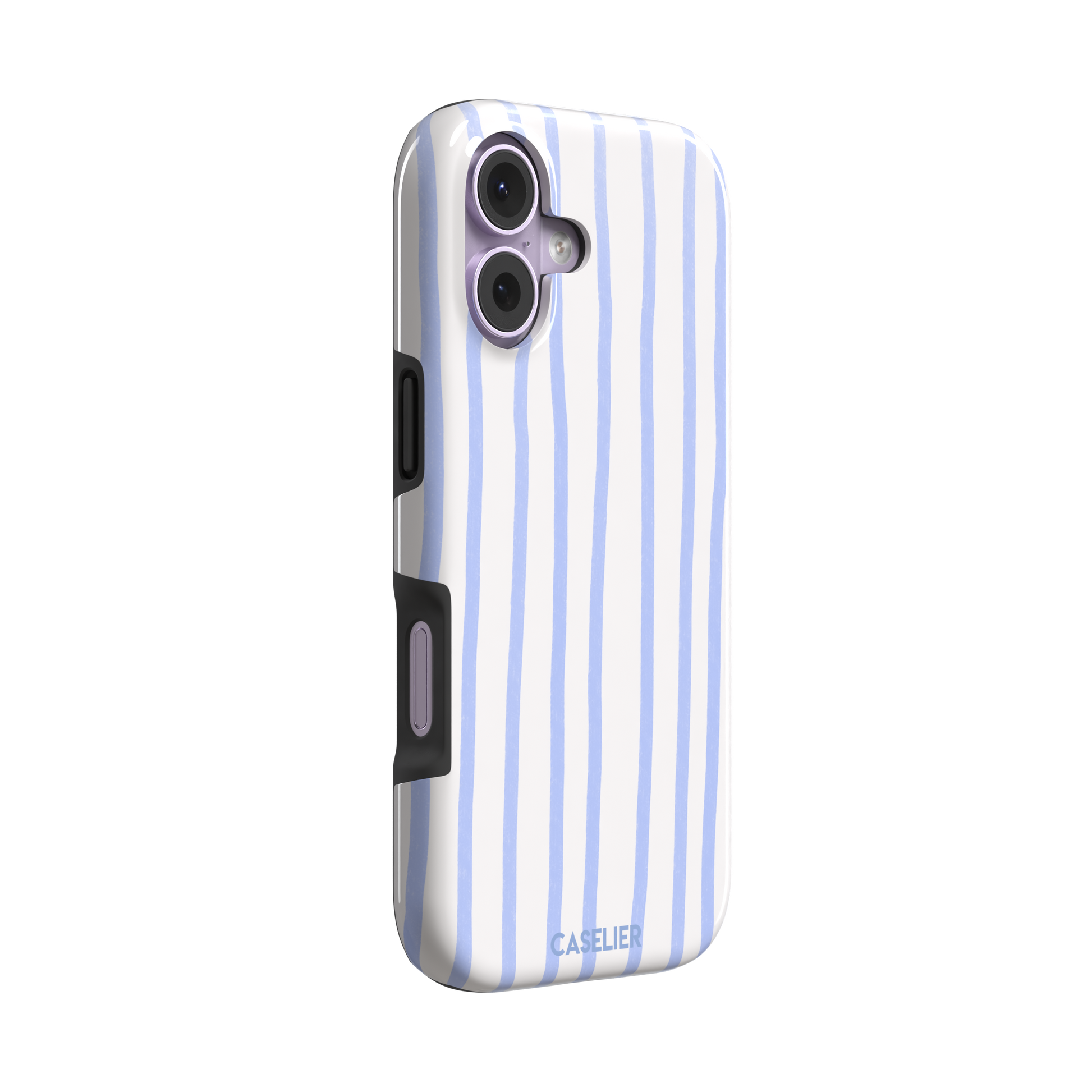 Beach Towel phone case in periwinkle blue and white wavy vertical stripes on iPhone, phone case by Caselier — tough case, left view