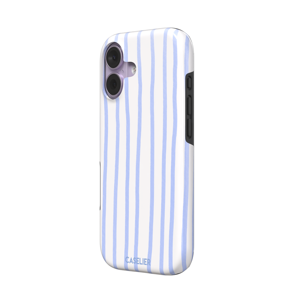 Beach Towel phone case in periwinkle blue and white wavy vertical stripes on iPhone, phone case by Caselier — tough case, right view