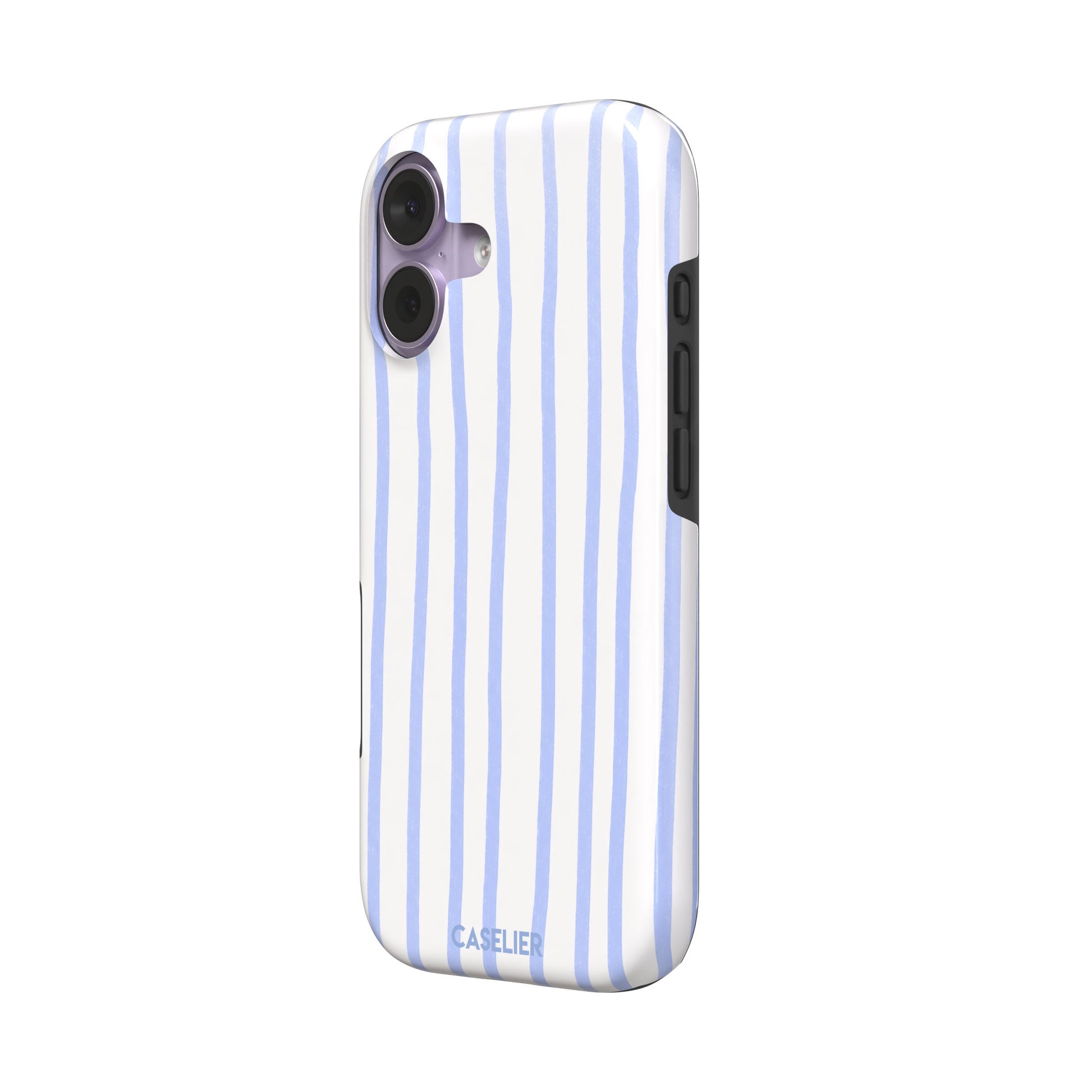 Beach Towel phone case in periwinkle blue and white wavy vertical stripes on iPhone, phone case by Caselier — tough case, right view