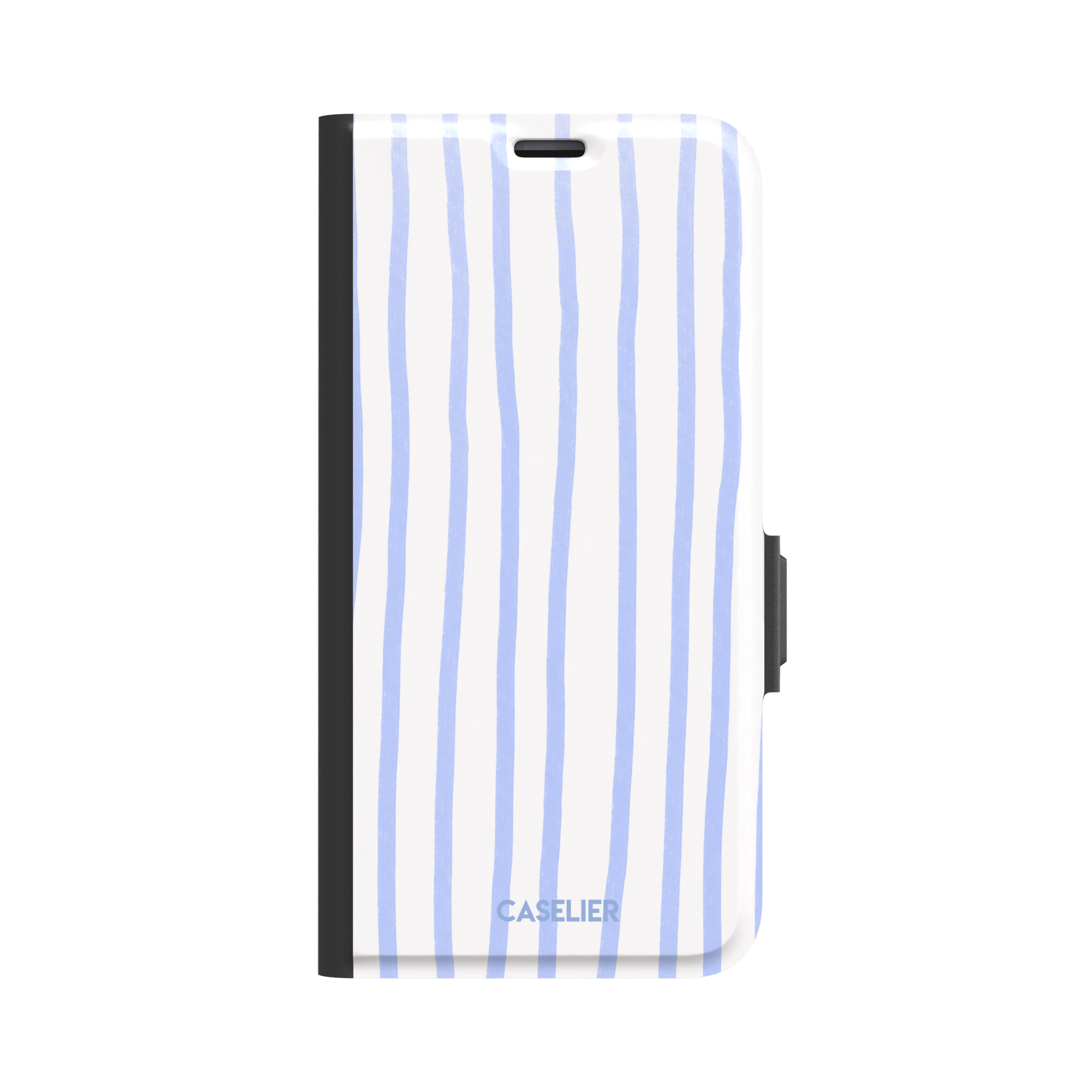 Beach Towel phone case in periwinkle blue and white wavy vertical stripes on iPhone, phone case by Caselier — wallet case, front view