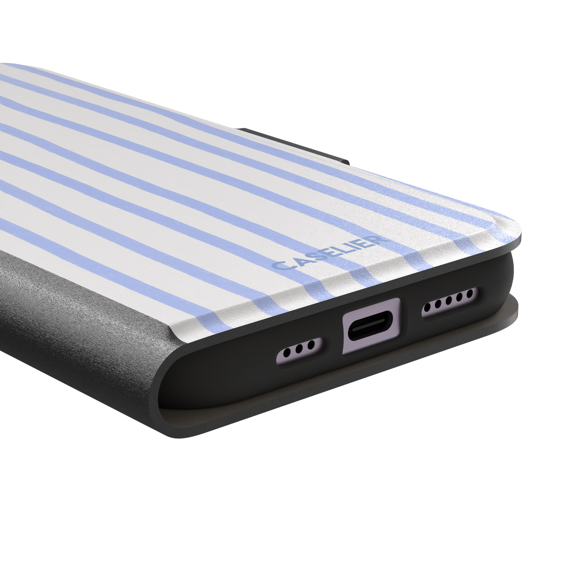 Beach Towel phone case in periwinkle blue and white wavy vertical stripes on iPhone, phone case by Caselier — wallet case, charging port detail