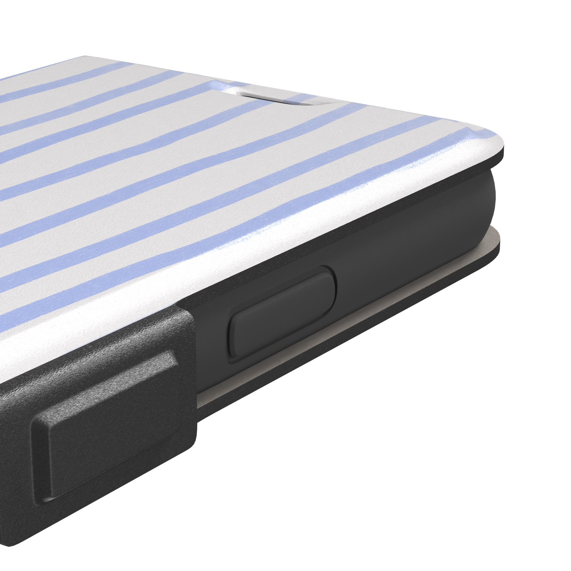 Beach Towel phone case in periwinkle blue and white wavy vertical stripes on iPhone, phone case by Caselier — wallet case, volume buttons detail