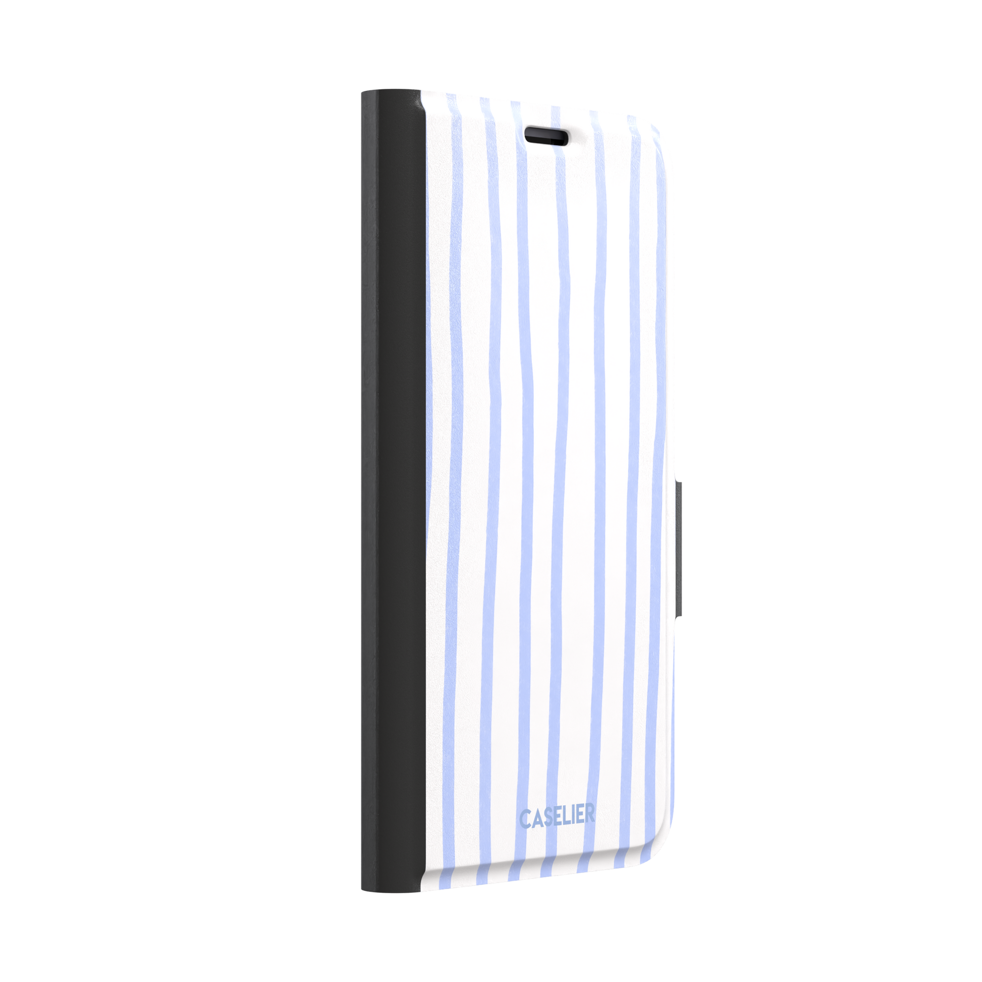Beach Towel phone case in periwinkle blue and white wavy vertical stripes on iPhone, phone case by Caselier — wallet case, left view
