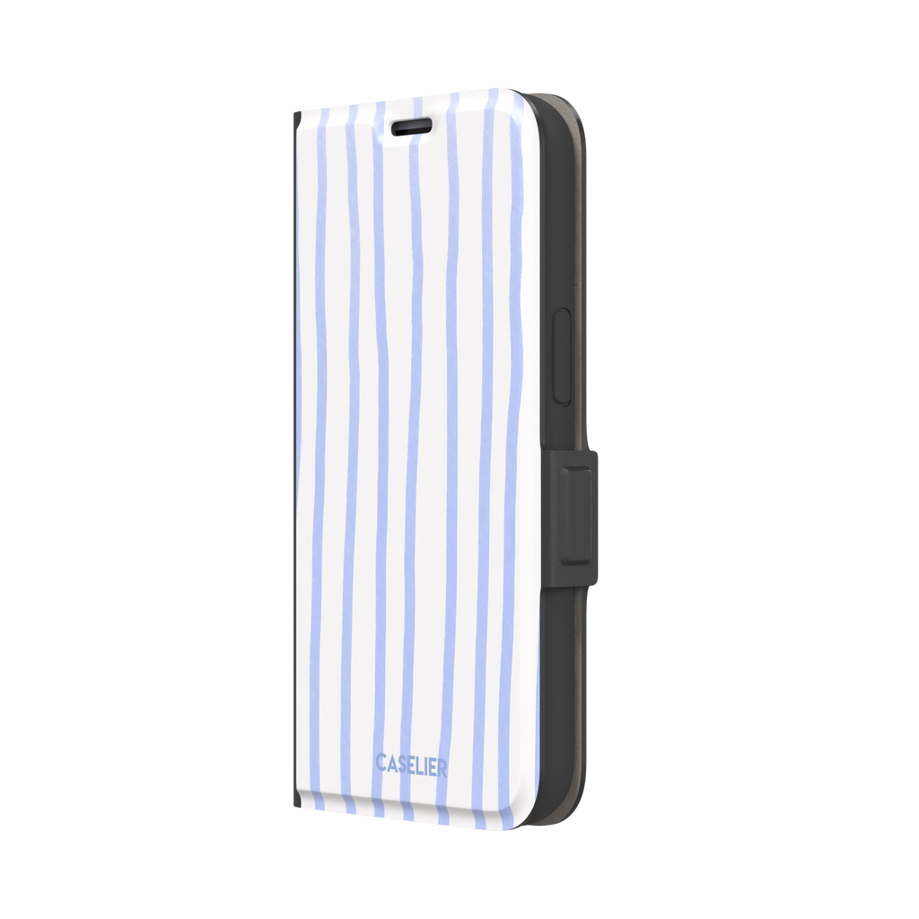 Beach Towel phone case in periwinkle blue and white wavy vertical stripes on iPhone, phone case by Caselier — wallet case, right view