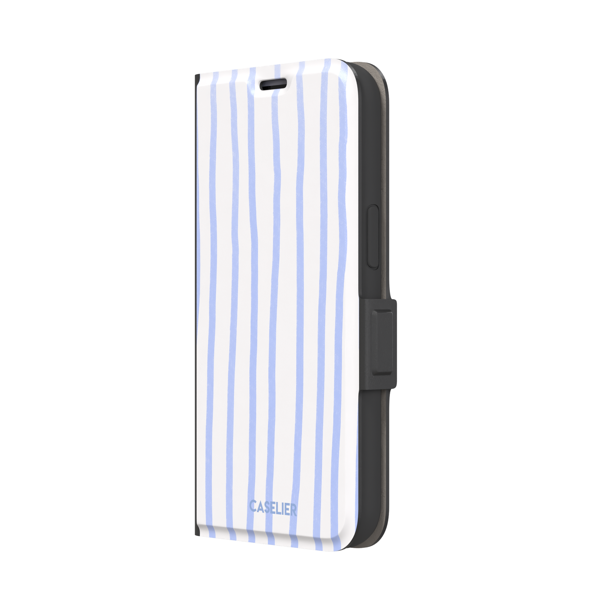 Beach Towel phone case in periwinkle blue and white wavy vertical stripes on iPhone, phone case by Caselier — wallet case, right view