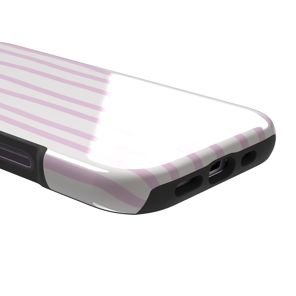 Beach Towel phone case in pink lilac and white wavy vertical stripes color variant on iPhone, phone case by Caselier — tough case, charging port detail