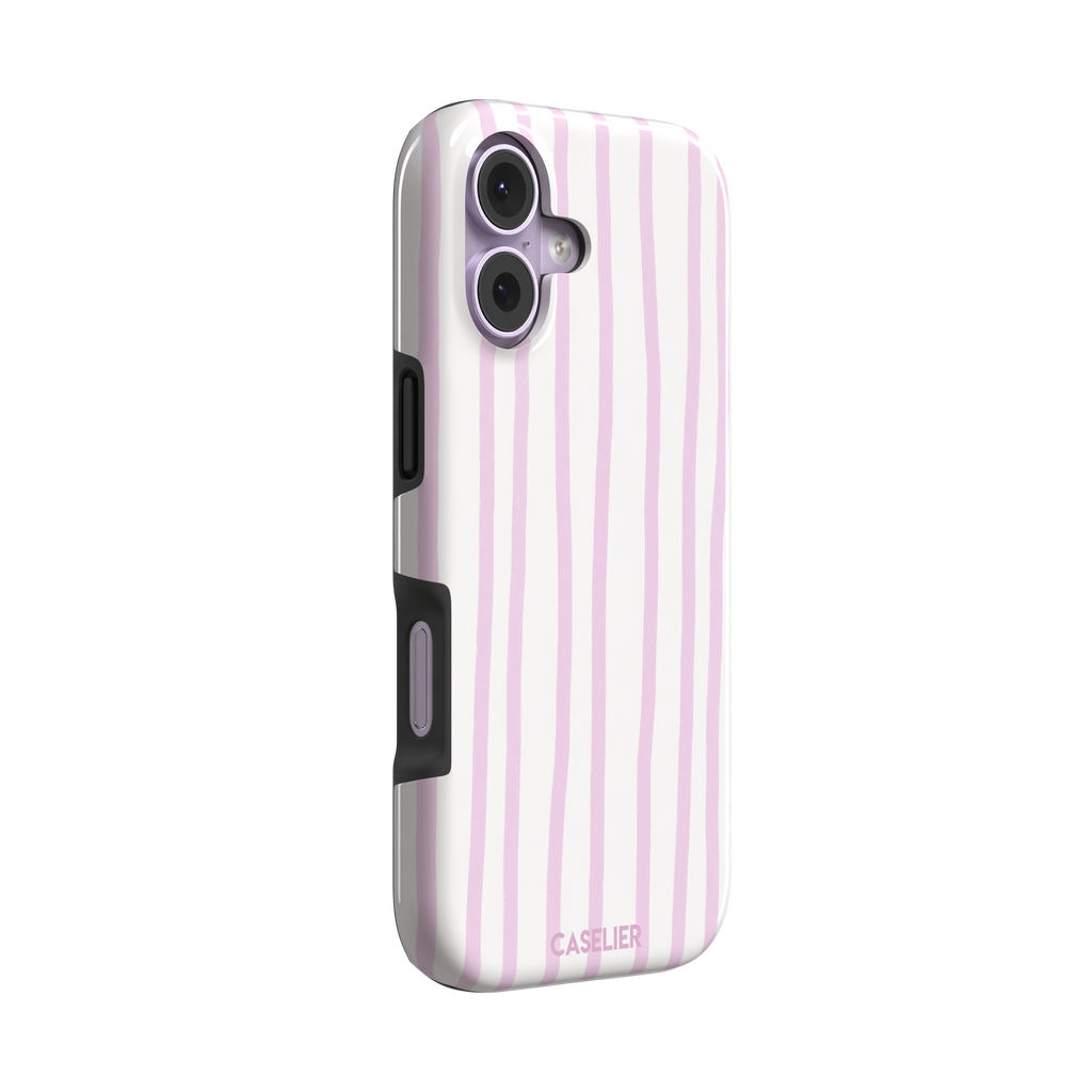 Beach Towel phone case in pink lilac and white wavy vertical stripes color variant on iPhone, phone case by Caselier — tough case, left view