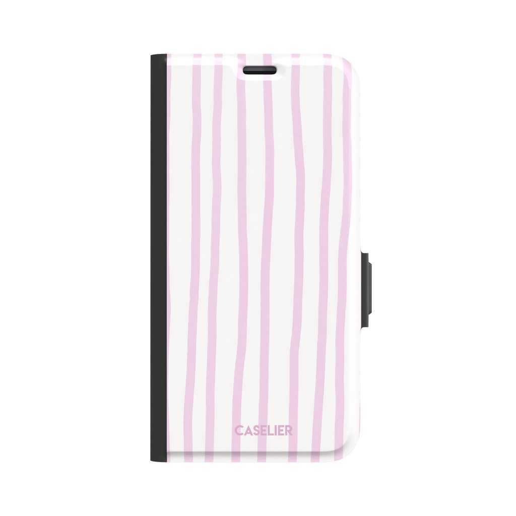 Beach Towel phone case in pink lilac and white wavy vertical stripes color variant on iPhone, phone case by Caselier — wallet case, front view