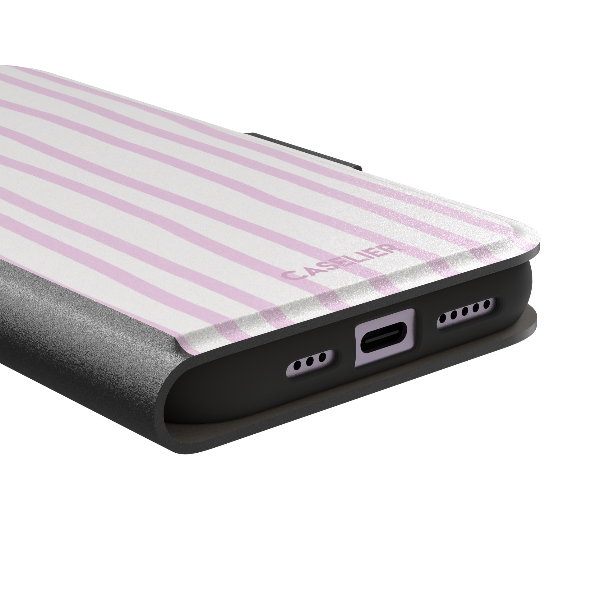 Beach Towel phone case in pink lilac and white wavy vertical stripes color variant on iPhone, phone case by Caselier — wallet case, charging port detail