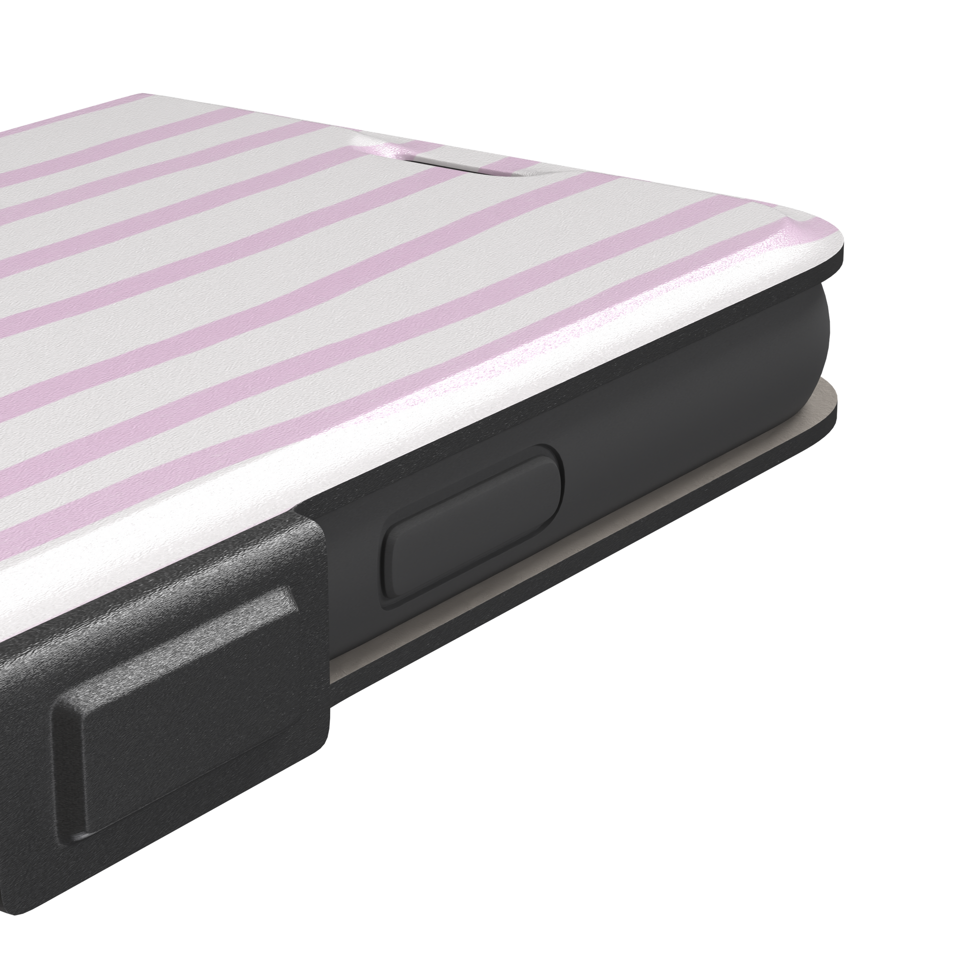 Beach Towel phone case in pink lilac and white wavy vertical stripes color variant on iPhone, phone case by Caselier — wallet case, volume buttons detail