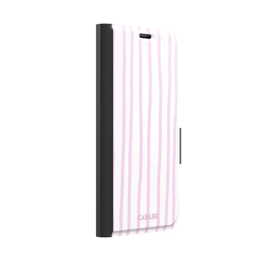 Beach Towel phone case in pink lilac and white wavy vertical stripes color variant on iPhone, phone case by Caselier — wallet case, left view