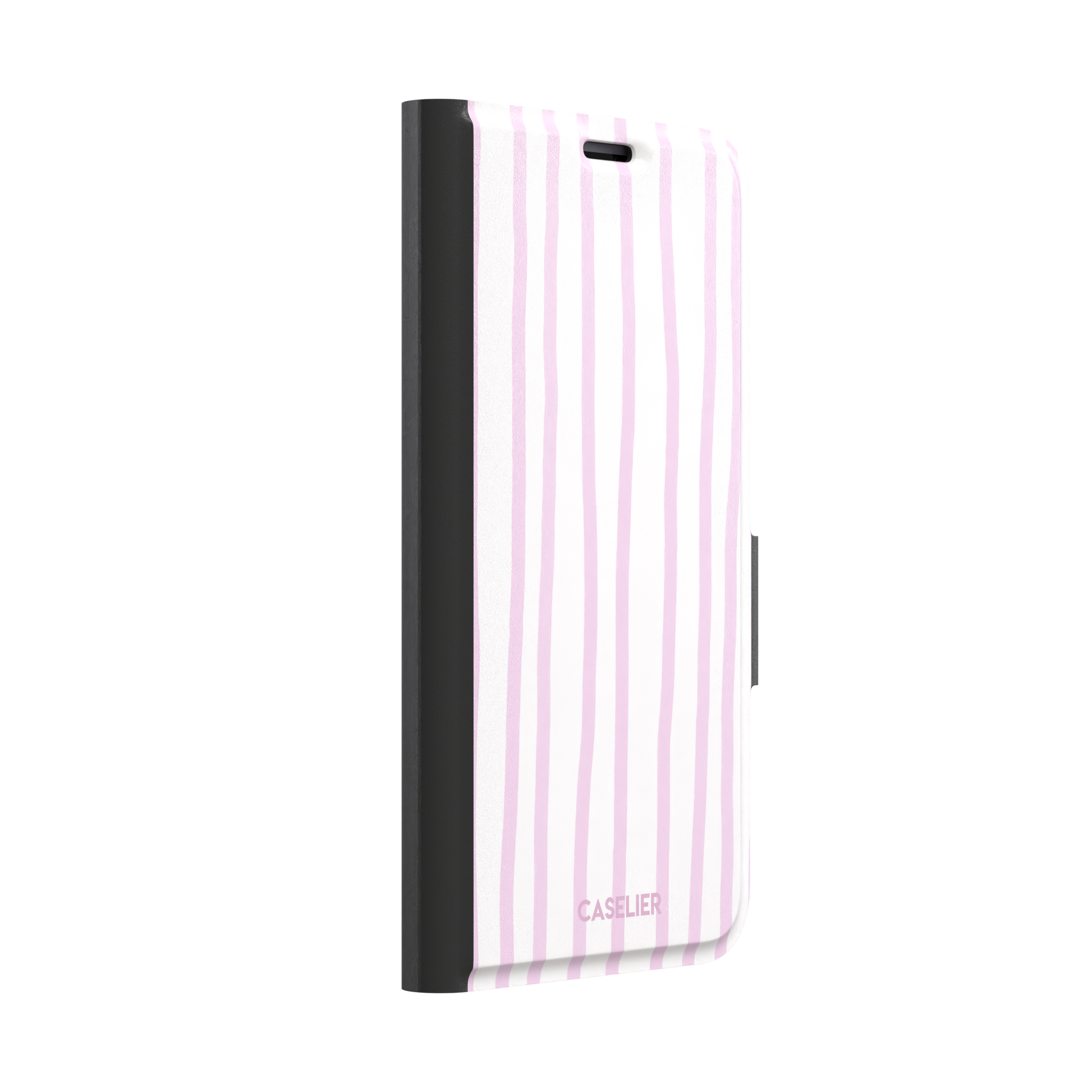 Beach Towel phone case in pink lilac and white wavy vertical stripes color variant on iPhone, phone case by Caselier — wallet case, left view