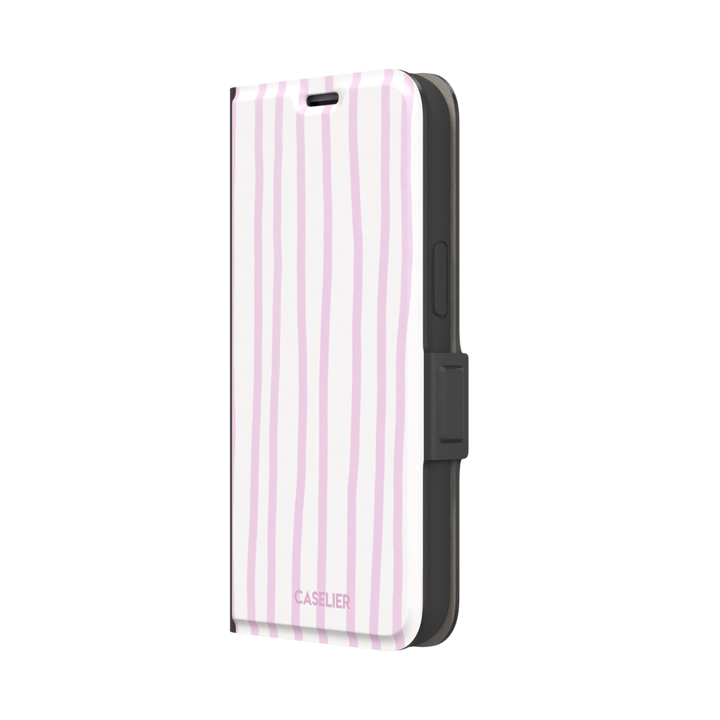 Beach Towel phone case in pink lilac and white wavy vertical stripes color variant on iPhone, phone case by Caselier — wallet case, right view