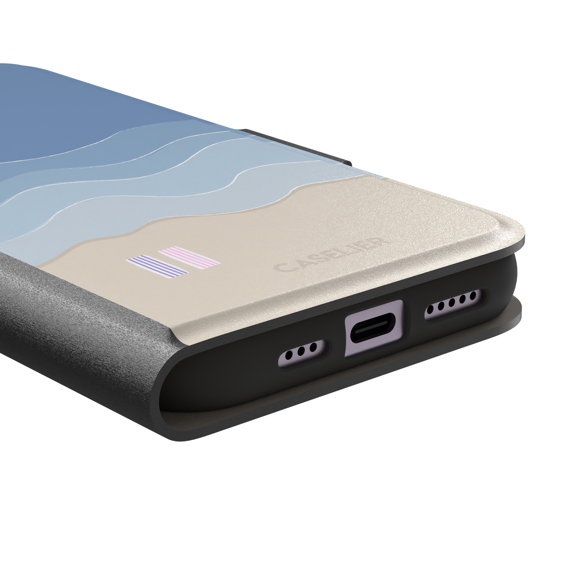 Beach phone case featuring layered blue waves graduating to a sandy beige shore with two miniature striped beach umbrellas, from the Memories of Summer collection, phone case by Caselier — wallet case, charging port detail