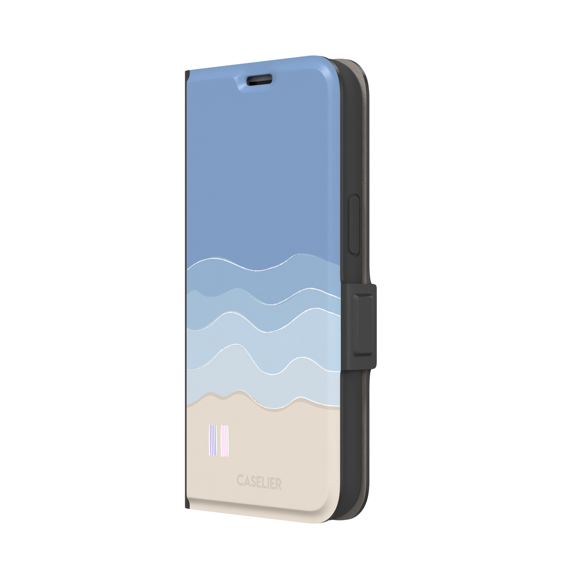Beach phone case featuring layered blue waves graduating to a sandy beige shore with two miniature striped beach umbrellas, from the Memories of Summer collection, phone case by Caselier — wallet case, right view