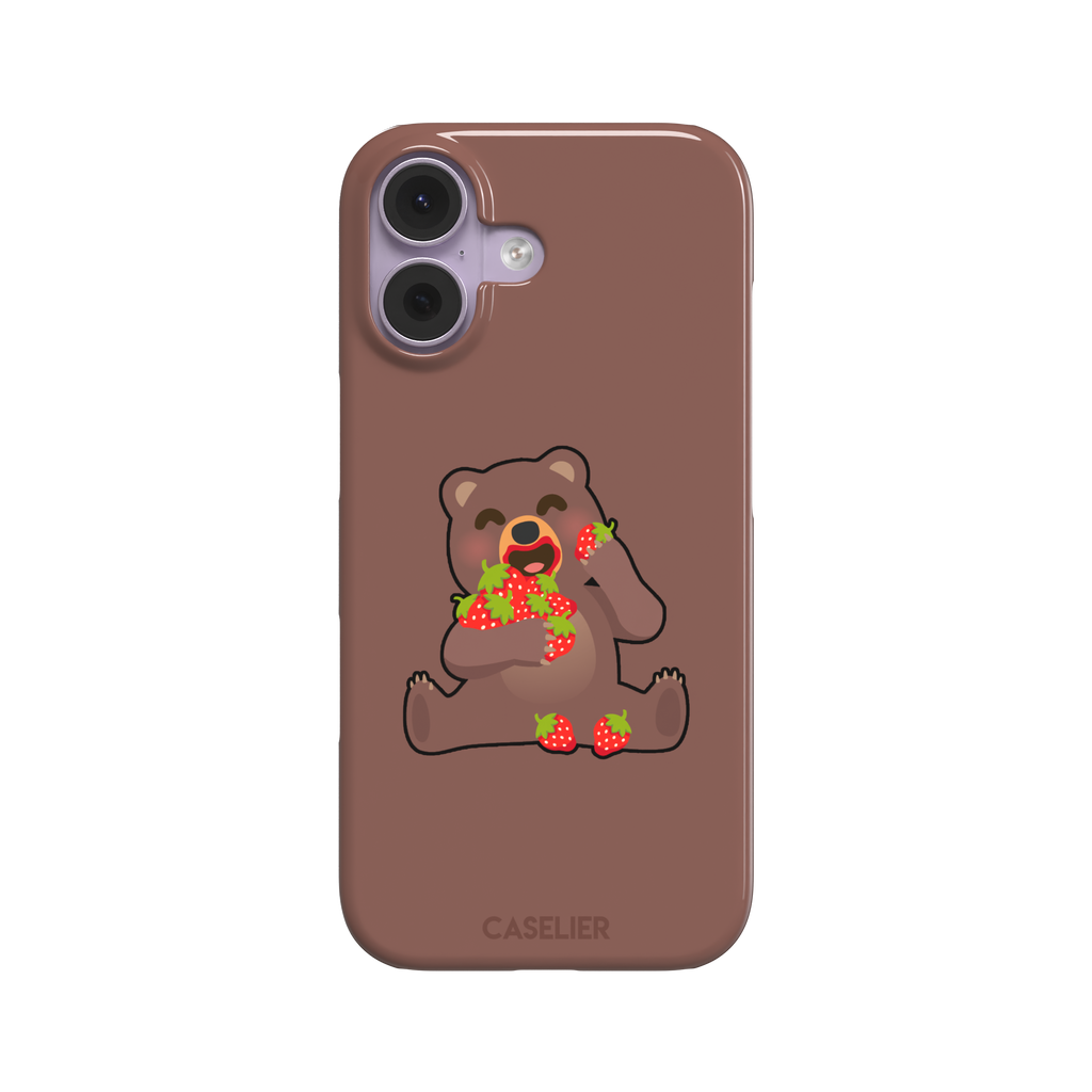 Warm brown phone case featuring a cartoon bear happily eating a pile of red strawberries, from the Emoji Mix collection, phone case by Caselier — snap case, front view