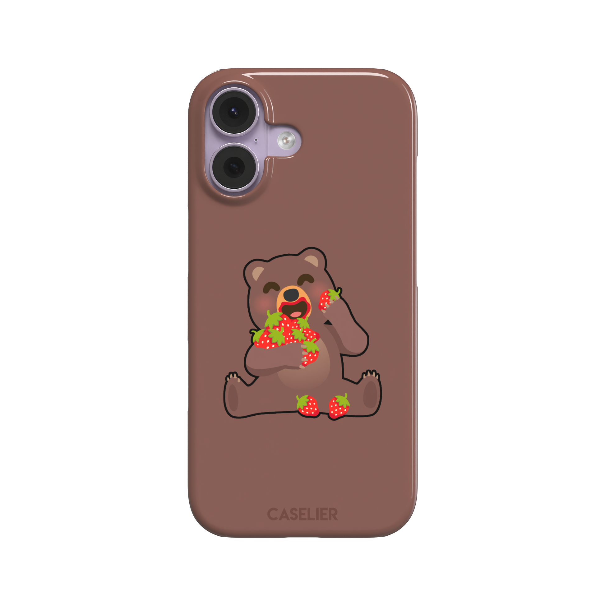 Warm brown phone case featuring a cartoon bear happily eating a pile of red strawberries, from the Emoji Mix collection, phone case by Caselier — snap case, front view