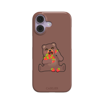 Warm brown phone case featuring a cartoon bear happily eating a pile of red strawberries, from the Emoji Mix collection, phone case by Caselier — snap case, front view