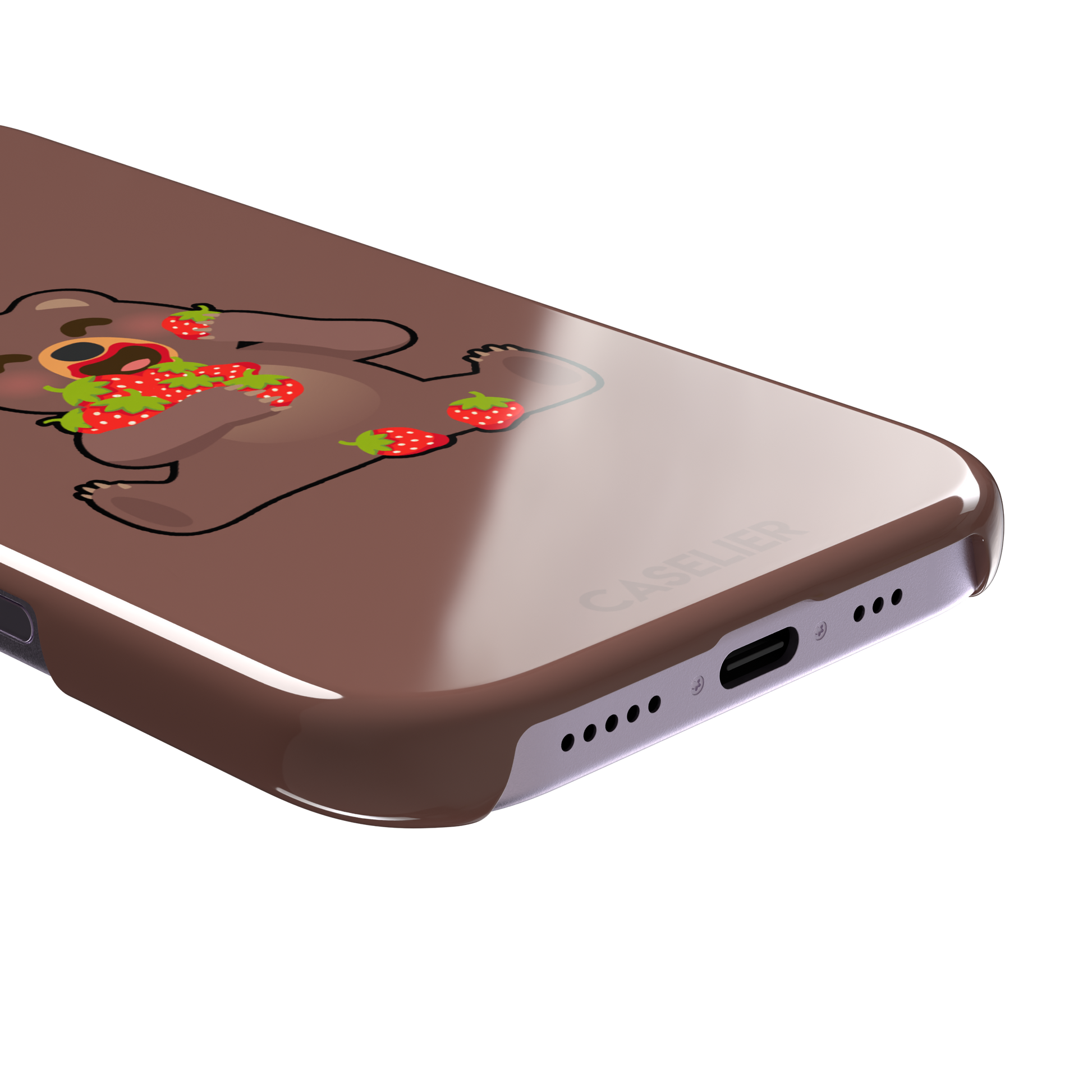 Warm brown phone case featuring a cartoon bear happily eating a pile of red strawberries, from the Emoji Mix collection, phone case by Caselier — snap case, charging port detail