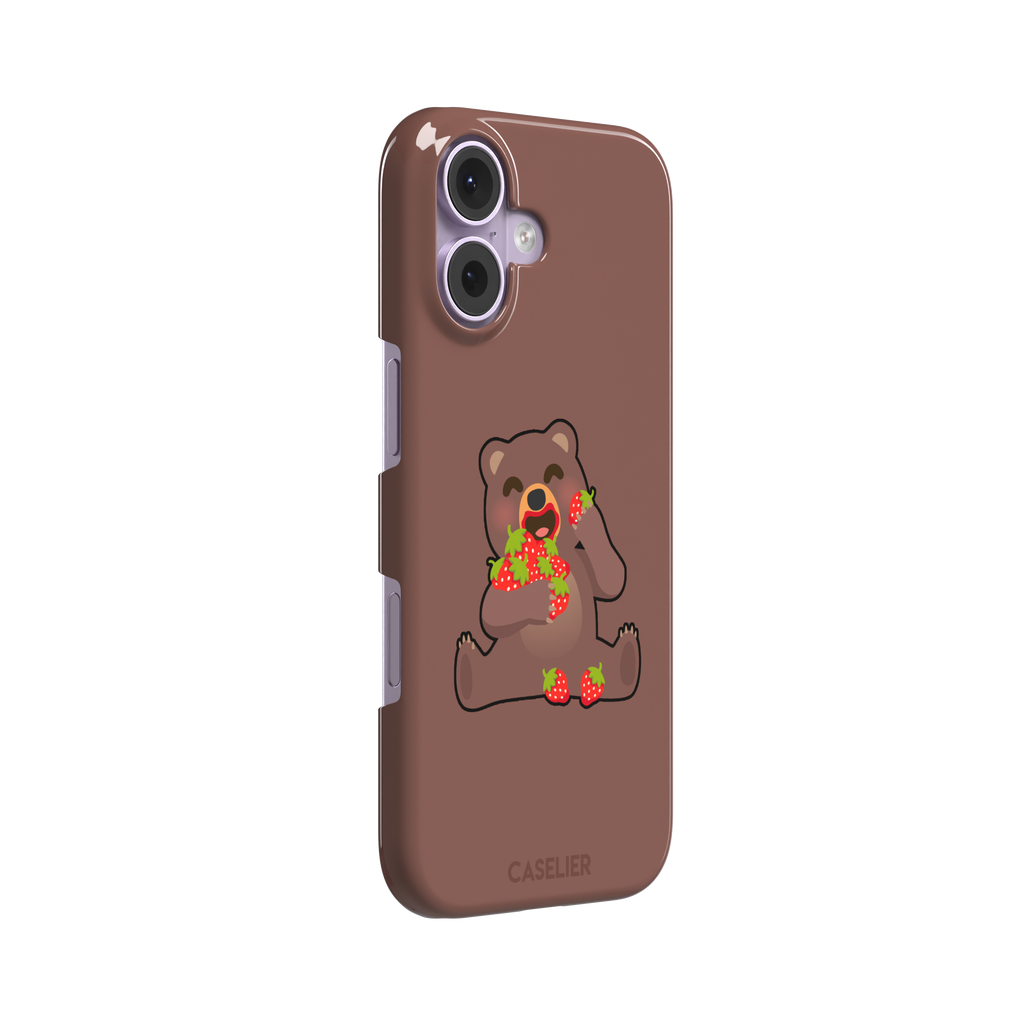 Warm brown phone case featuring a cartoon bear happily eating a pile of red strawberries, from the Emoji Mix collection, phone case by Caselier — snap case, left view