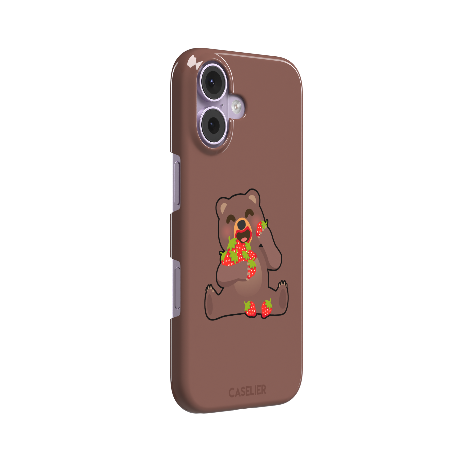 Warm brown phone case featuring a cartoon bear happily eating a pile of red strawberries, from the Emoji Mix collection, phone case by Caselier — snap case, left view