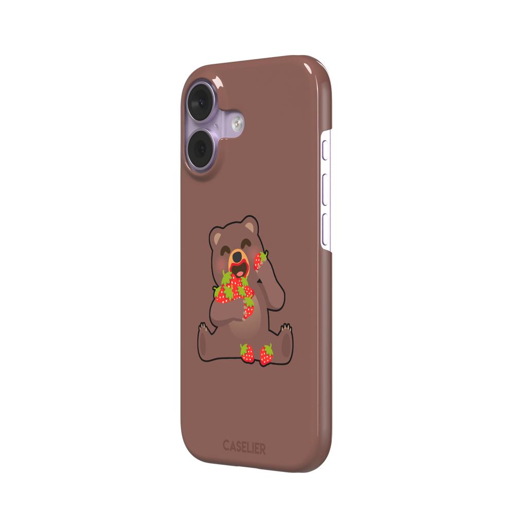Warm brown phone case featuring a cartoon bear happily eating a pile of red strawberries, from the Emoji Mix collection, phone case by Caselier — snap case, right view