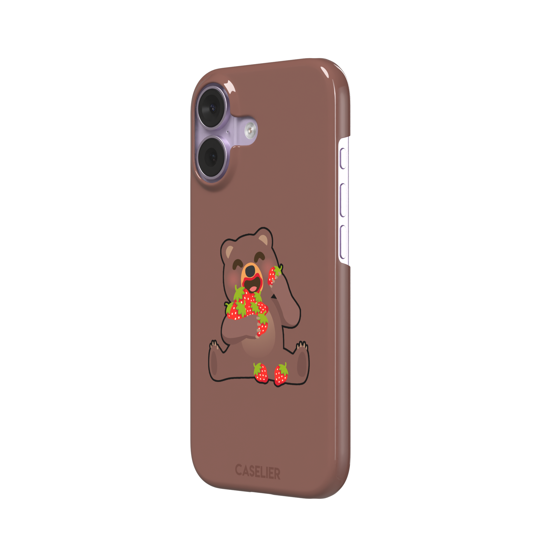 Warm brown phone case featuring a cartoon bear happily eating a pile of red strawberries, from the Emoji Mix collection, phone case by Caselier — snap case, right view