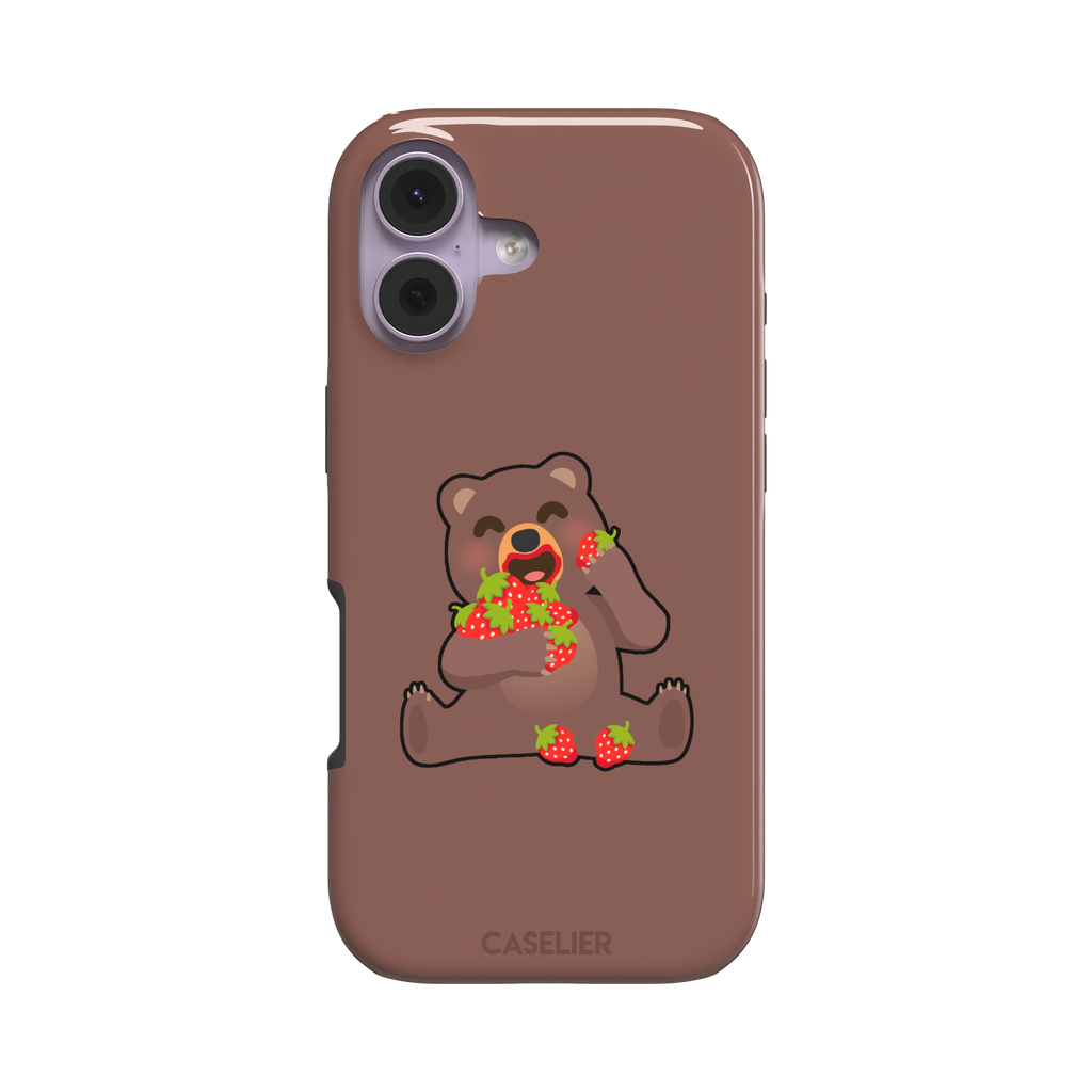 Warm brown phone case featuring a cartoon bear happily eating a pile of red strawberries, from the Emoji Mix collection, phone case by Caselier — tough case, front view
