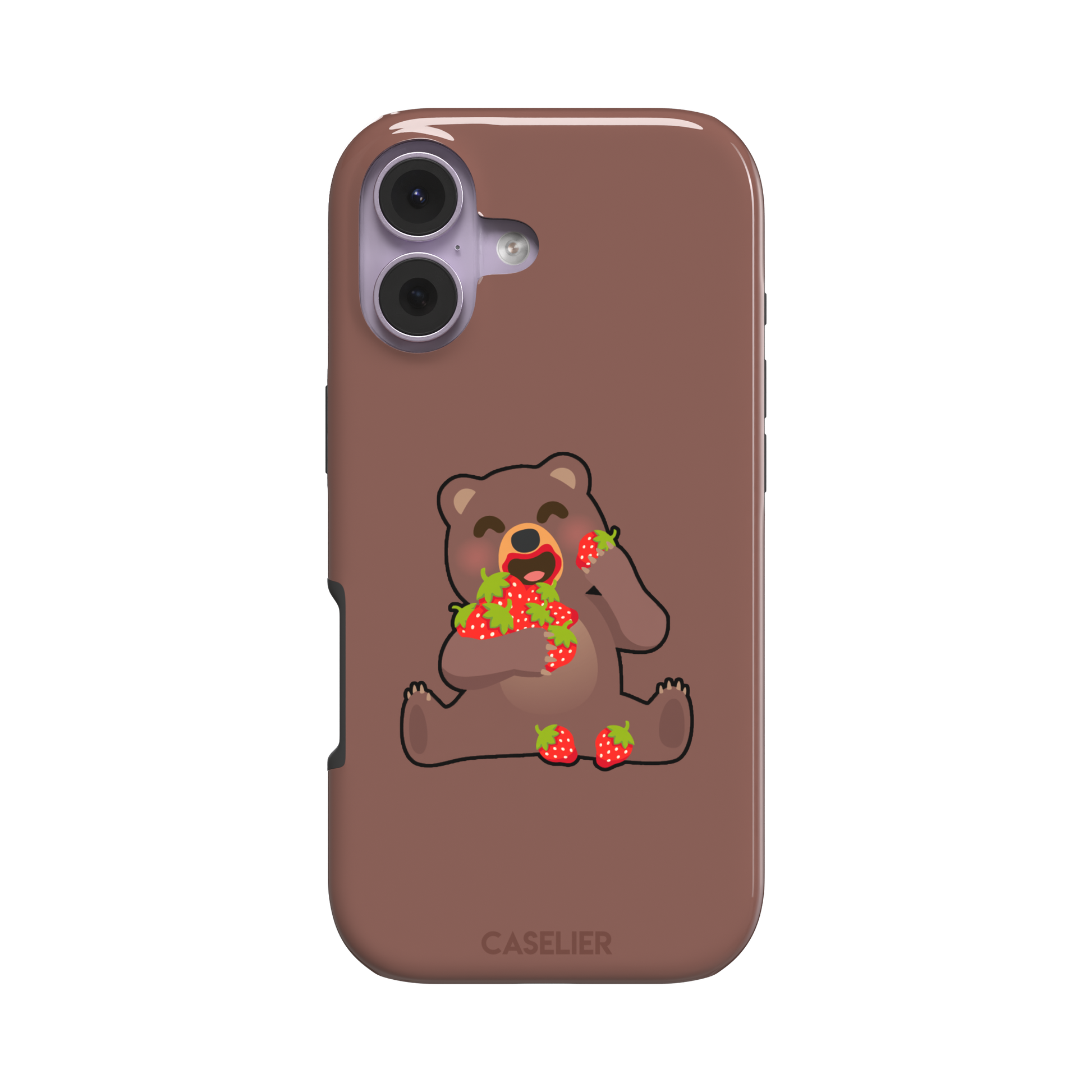 Warm brown phone case featuring a cartoon bear happily eating a pile of red strawberries, from the Emoji Mix collection, phone case by Caselier — tough case, front view