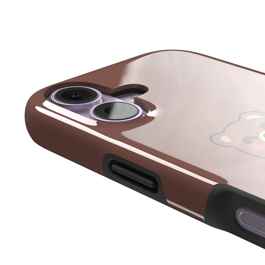 Warm brown phone case featuring a cartoon bear happily eating a pile of red strawberries, from the Emoji Mix collection, phone case by Caselier — tough case, volume buttons detail