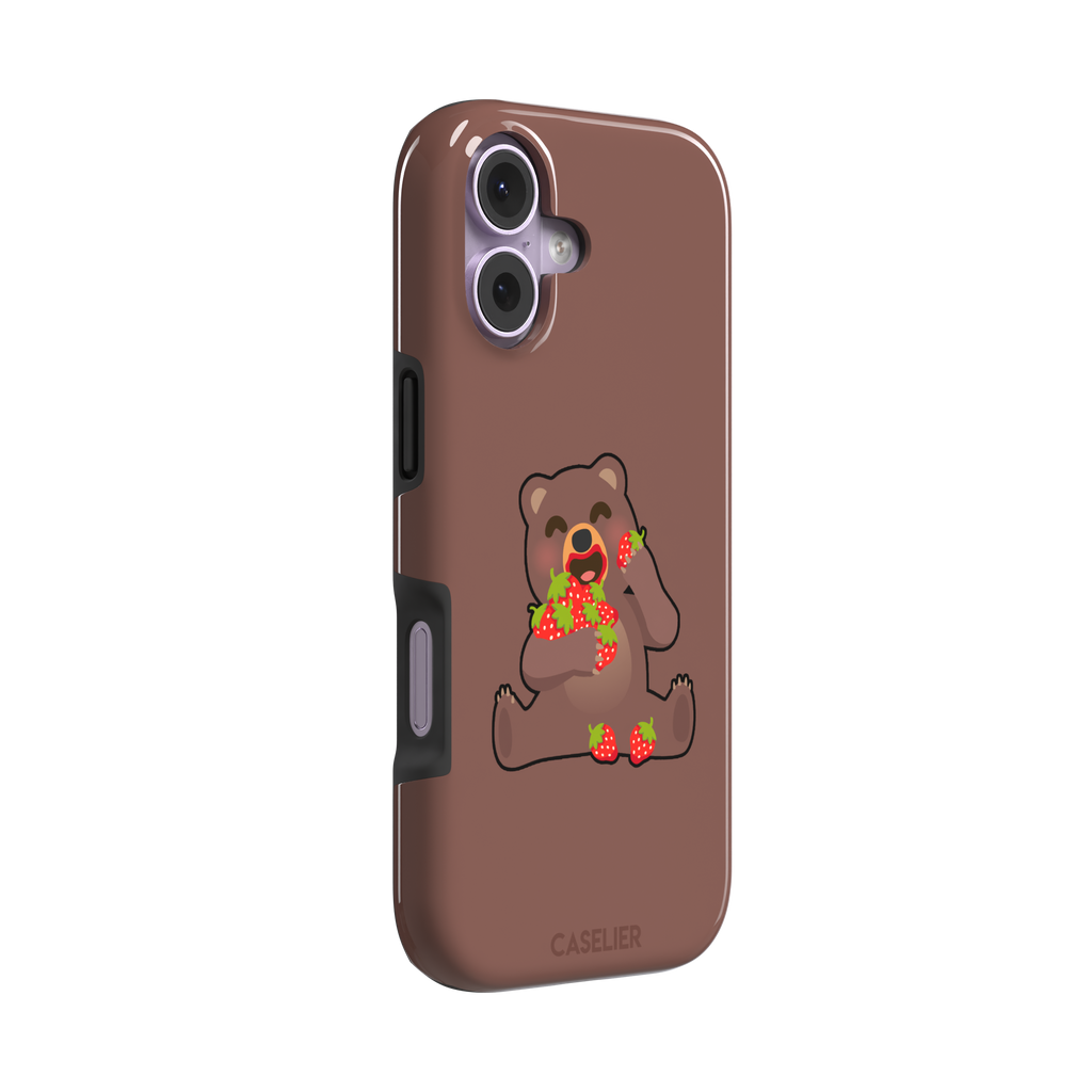 Warm brown phone case featuring a cartoon bear happily eating a pile of red strawberries, from the Emoji Mix collection, phone case by Caselier — tough case, left view