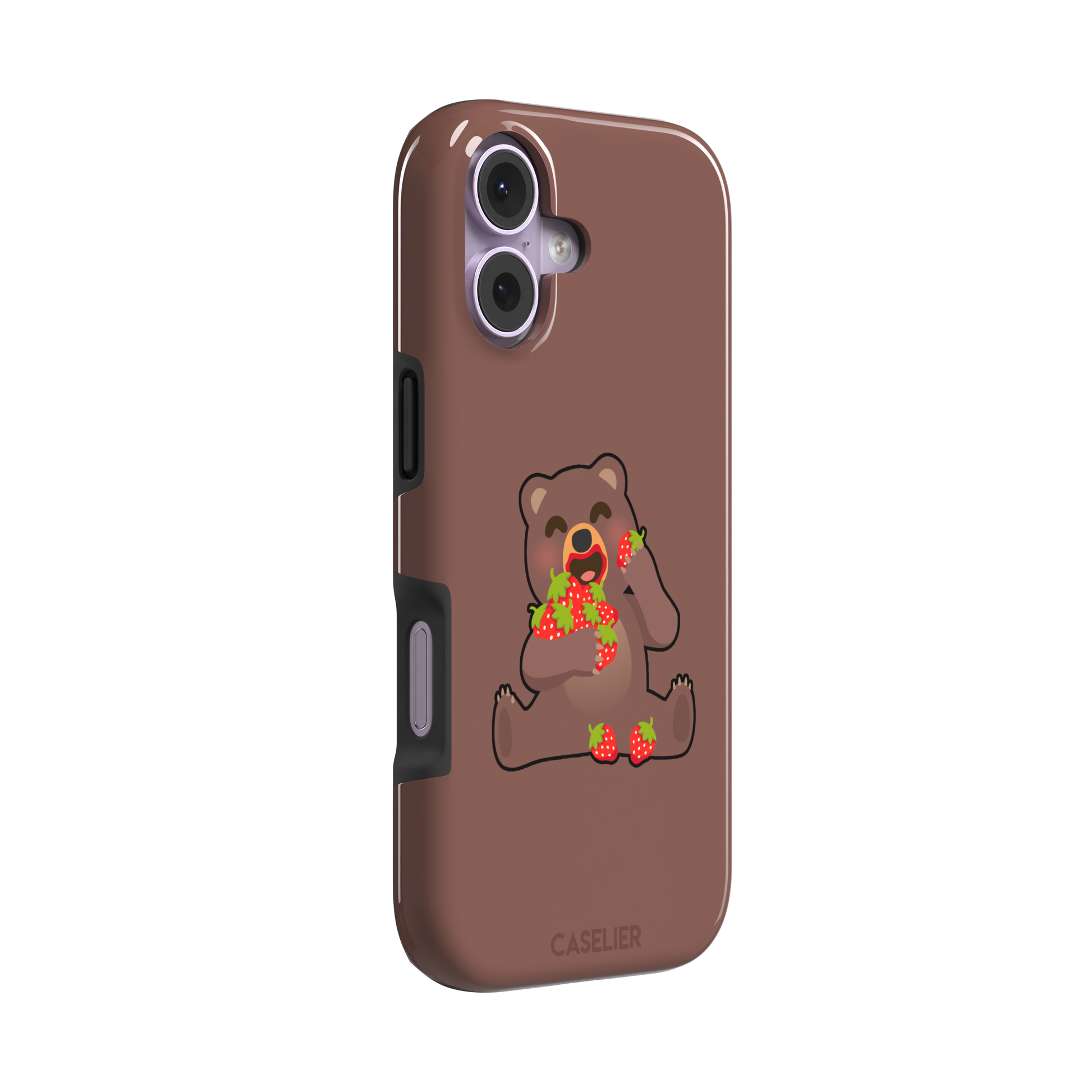 Warm brown phone case featuring a cartoon bear happily eating a pile of red strawberries, from the Emoji Mix collection, phone case by Caselier — tough case, left view