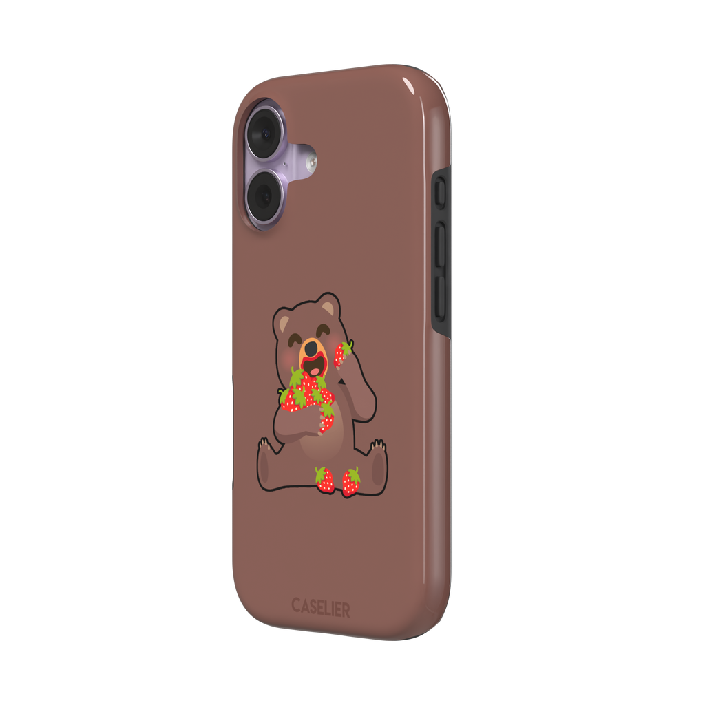 Warm brown phone case featuring a cartoon bear happily eating a pile of red strawberries, from the Emoji Mix collection, phone case by Caselier — tough case, right view