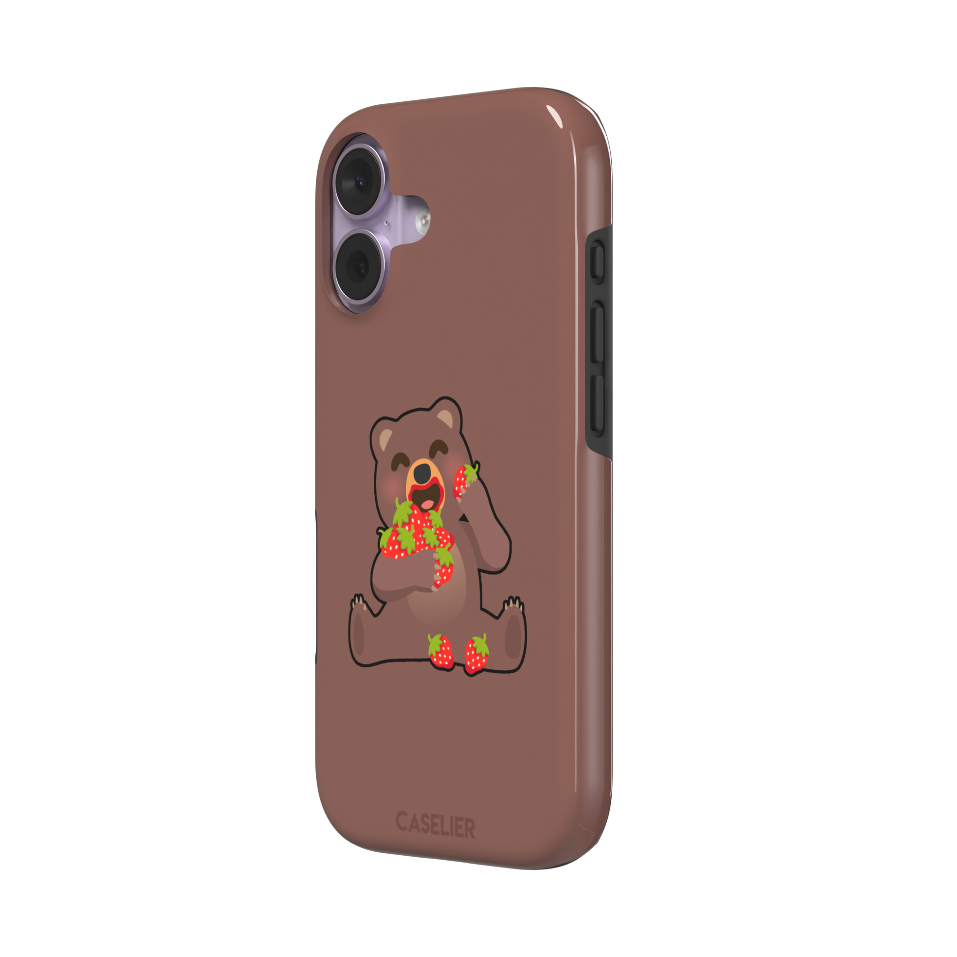 Warm brown phone case featuring a cartoon bear happily eating a pile of red strawberries, from the Emoji Mix collection, phone case by Caselier — tough case, right view