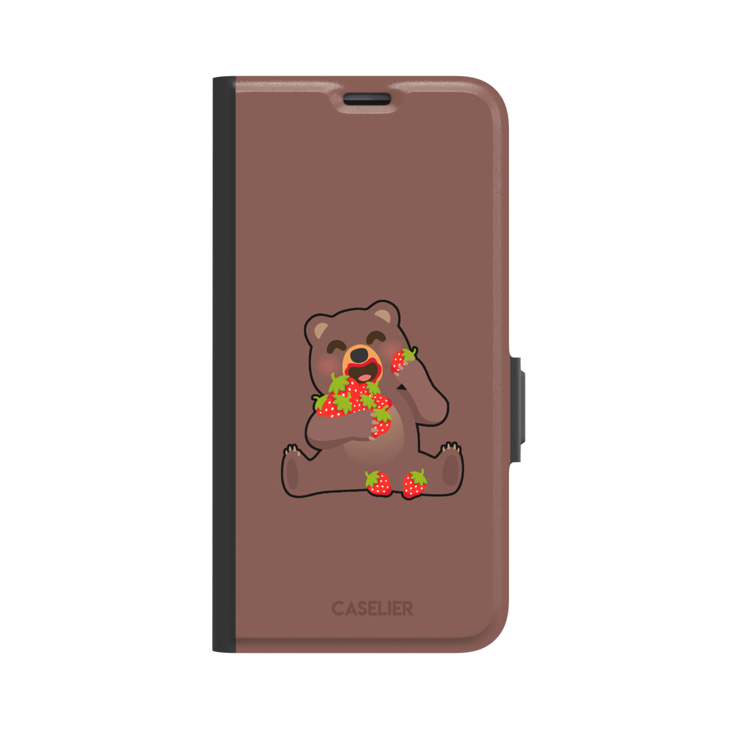 Warm brown phone case featuring a cartoon bear happily eating a pile of red strawberries, from the Emoji Mix collection, phone case by Caselier — wallet case, front view