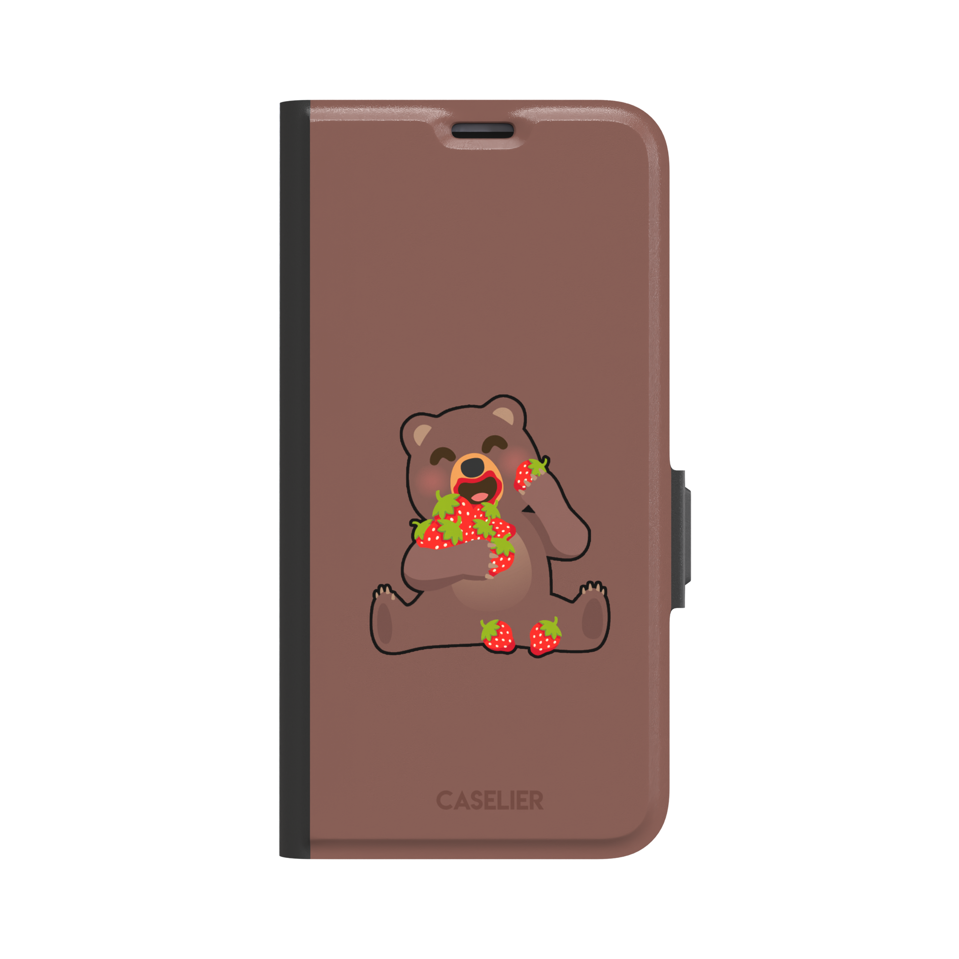 Warm brown phone case featuring a cartoon bear happily eating a pile of red strawberries, from the Emoji Mix collection, phone case by Caselier — wallet case, front view