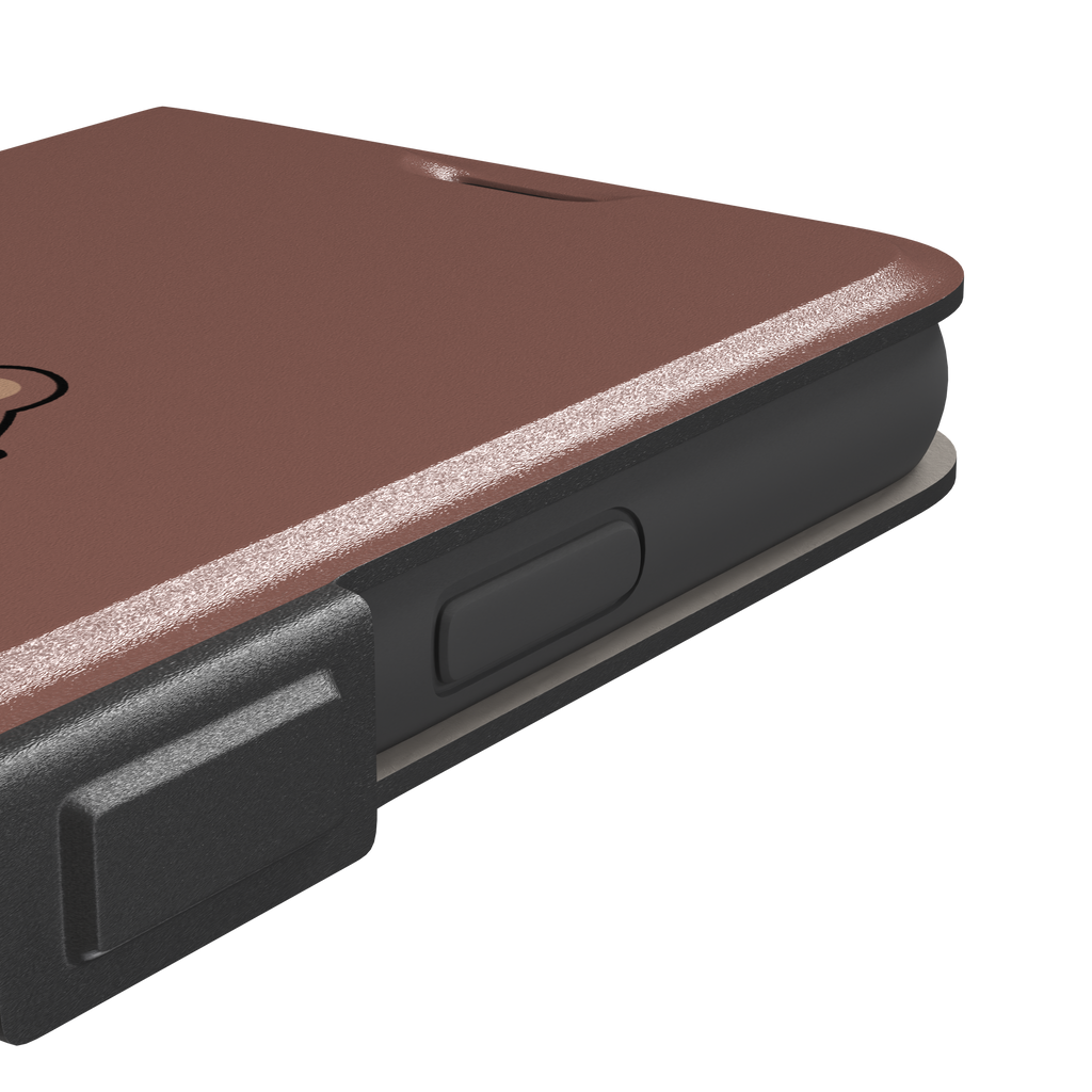 Warm brown phone case featuring a cartoon bear happily eating a pile of red strawberries, from the Emoji Mix collection, phone case by Caselier — wallet case, volume buttons detail