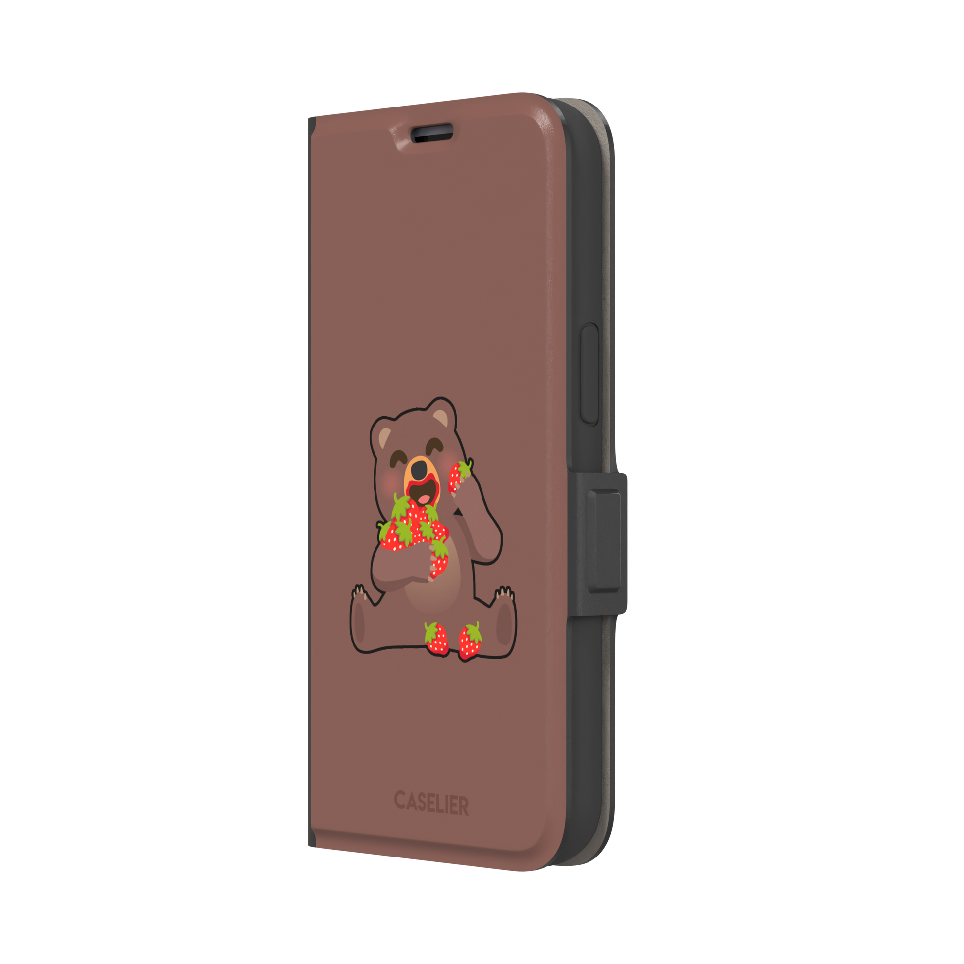 Warm brown phone case featuring a cartoon bear happily eating a pile of red strawberries, from the Emoji Mix collection, phone case by Caselier — wallet case, right view