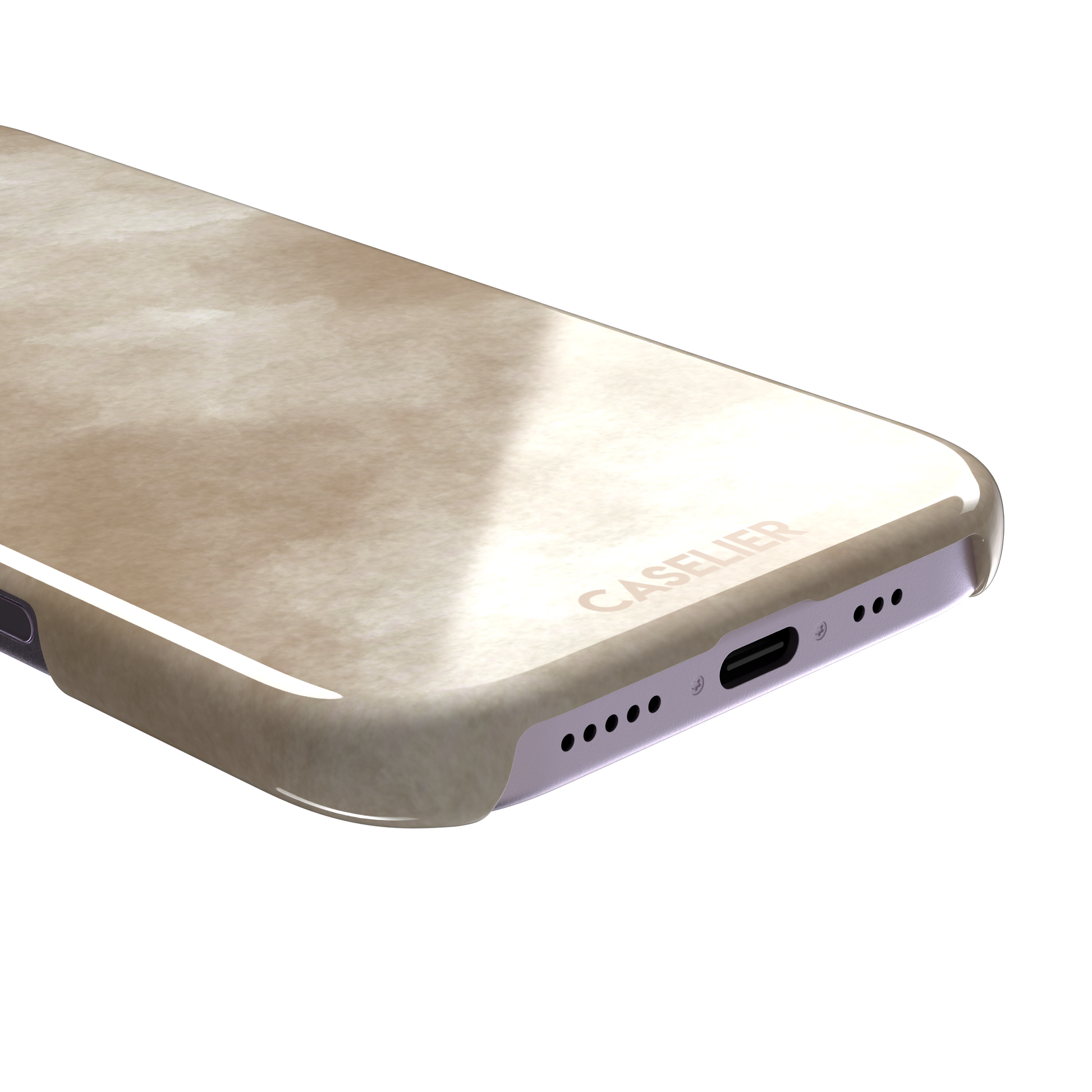 Beige watercolor wash phone case with soft ivory and warm tan cloud-like tones, phone case by Caselier — snap case, charging port detail
