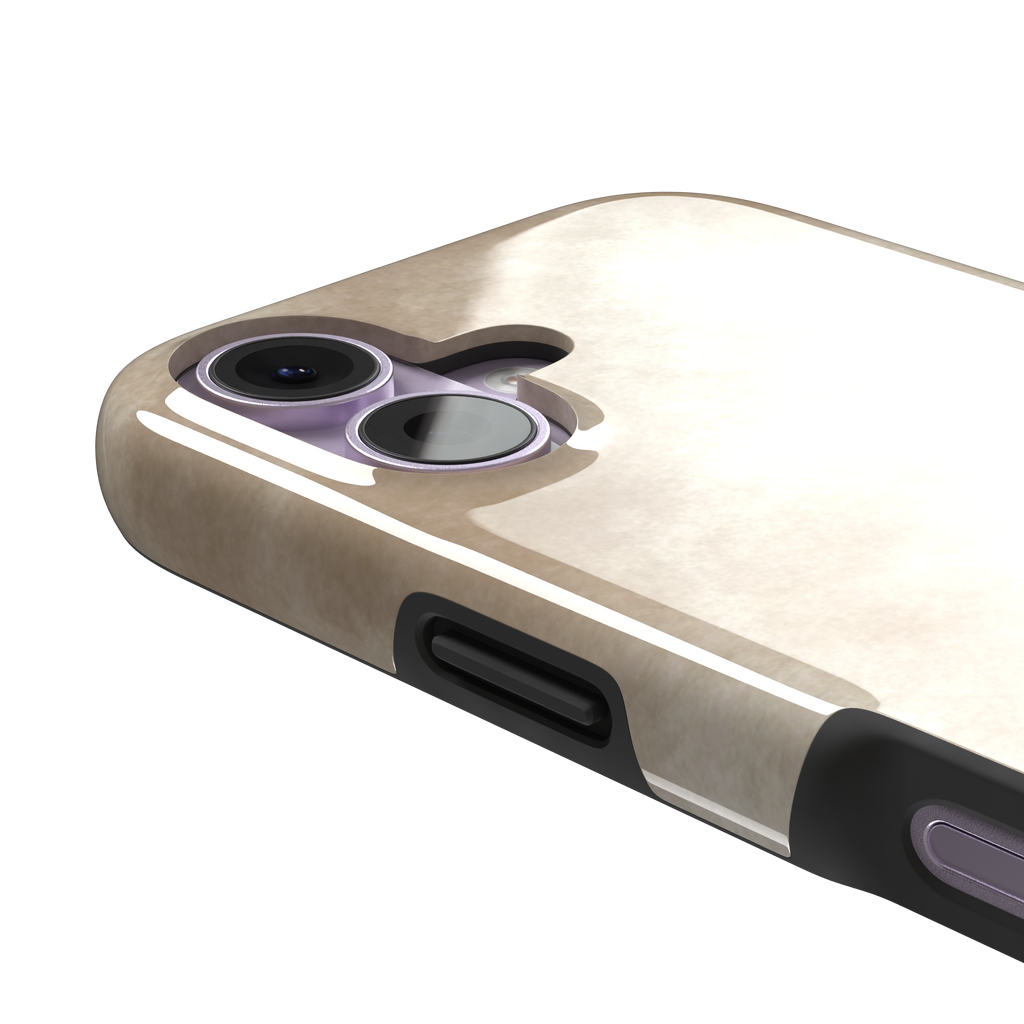 Beige watercolor wash phone case with soft ivory and warm tan cloud-like tones, phone case by Caselier — tough case, volume buttons detail