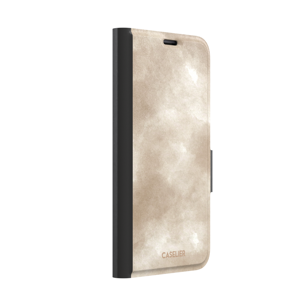 Beige watercolor wash phone case with soft ivory and warm tan cloud-like tones, phone case by Caselier — wallet case, left view