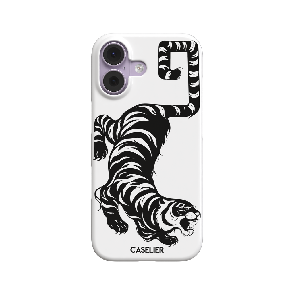 Big Kitty phone case in white — black graphic tiger crouching on a clean white background with a striped curling tail, phone case by Caselier — snap case, front view