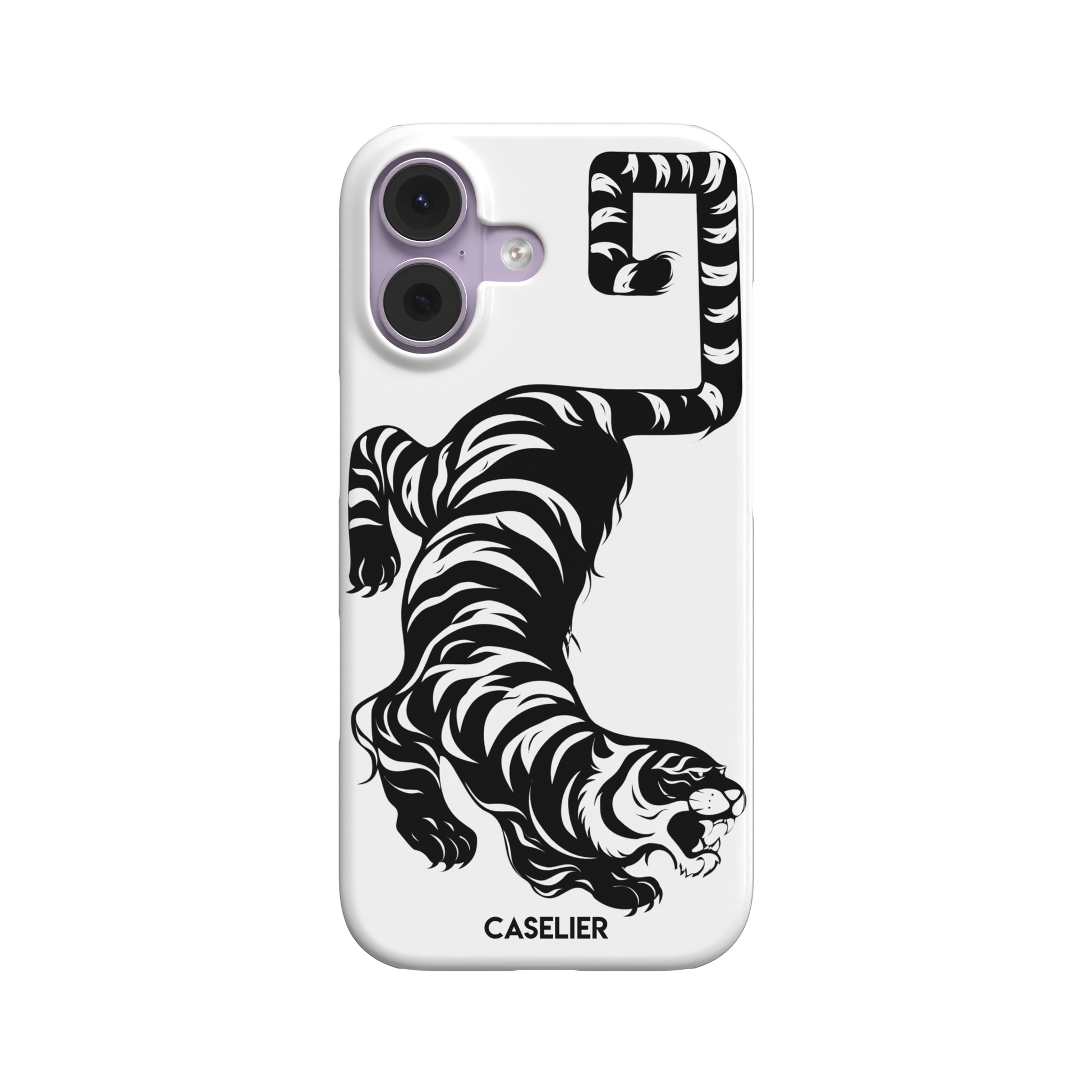 Big Kitty phone case in white — black graphic tiger crouching on a clean white background with a striped curling tail, phone case by Caselier — snap case, front view