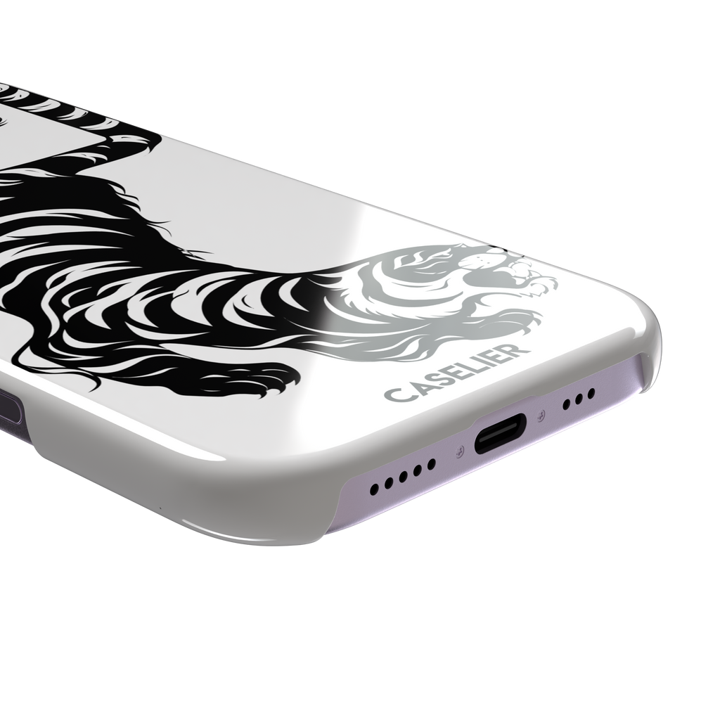 Big Kitty phone case in white — black graphic tiger crouching on a clean white background with a striped curling tail, phone case by Caselier — snap case, charging port detail