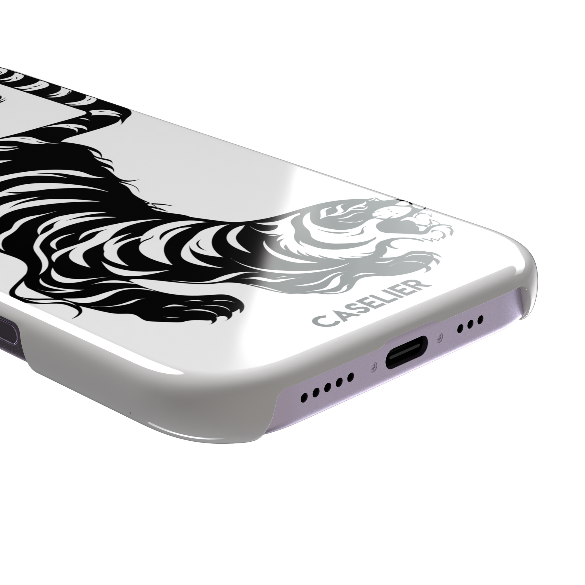 Big Kitty phone case in white — black graphic tiger crouching on a clean white background with a striped curling tail, phone case by Caselier — snap case, charging port detail