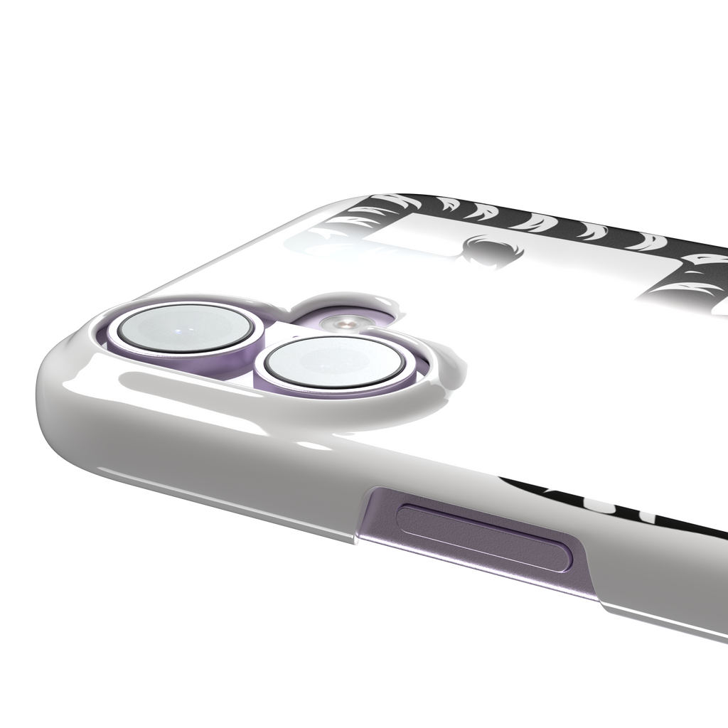 Big Kitty phone case in white — black graphic tiger crouching on a clean white background with a striped curling tail, phone case by Caselier — snap case, volume buttons detail