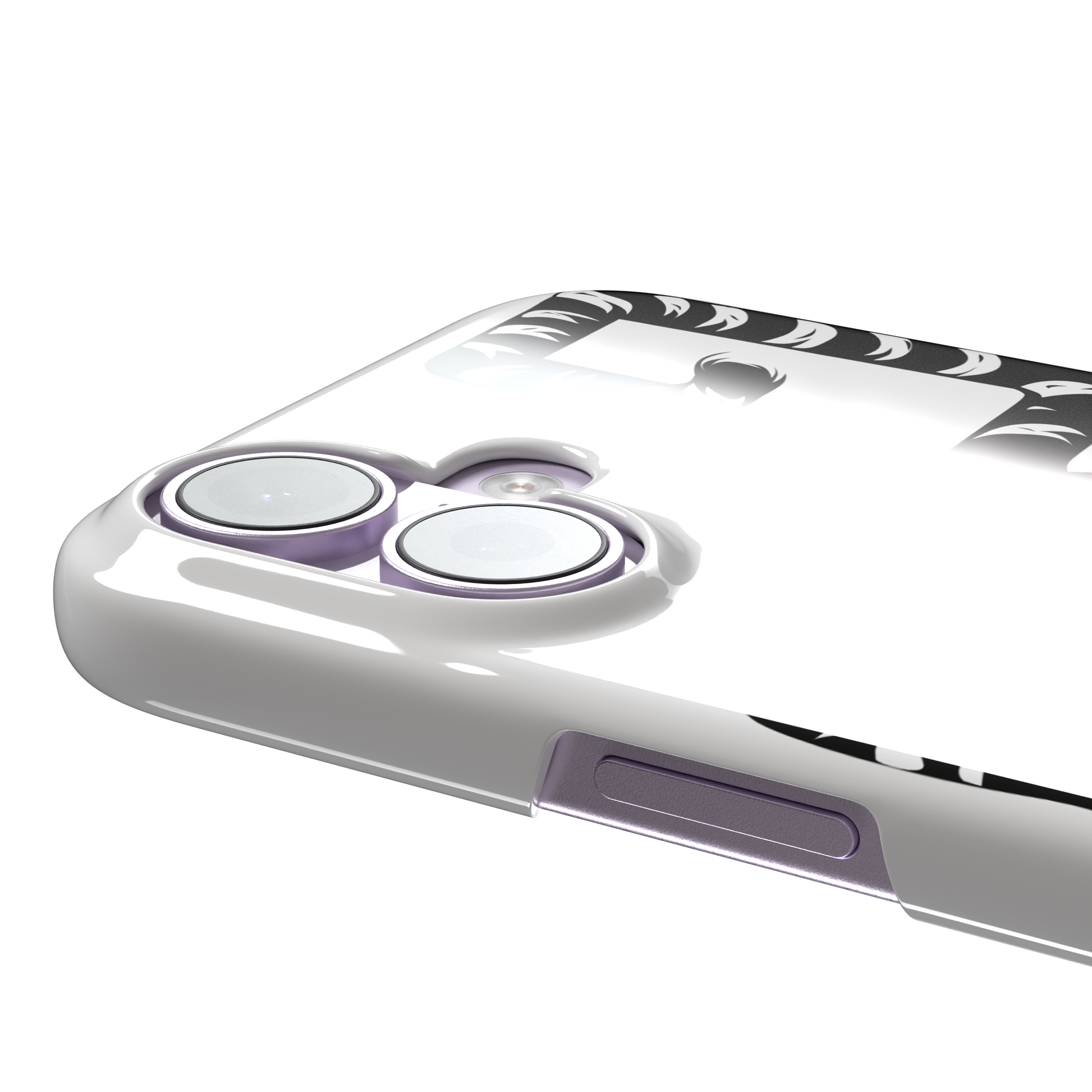 Big Kitty phone case in white — black graphic tiger crouching on a clean white background with a striped curling tail, phone case by Caselier — snap case, volume buttons detail