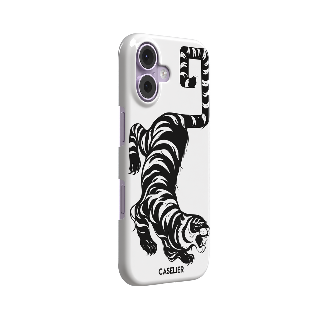 Big Kitty phone case in white — black graphic tiger crouching on a clean white background with a striped curling tail, phone case by Caselier — snap case, left view
