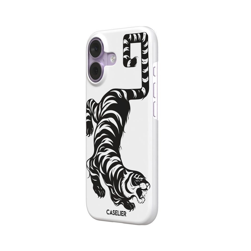 Big Kitty phone case in white — black graphic tiger crouching on a clean white background with a striped curling tail, phone case by Caselier — snap case, right view