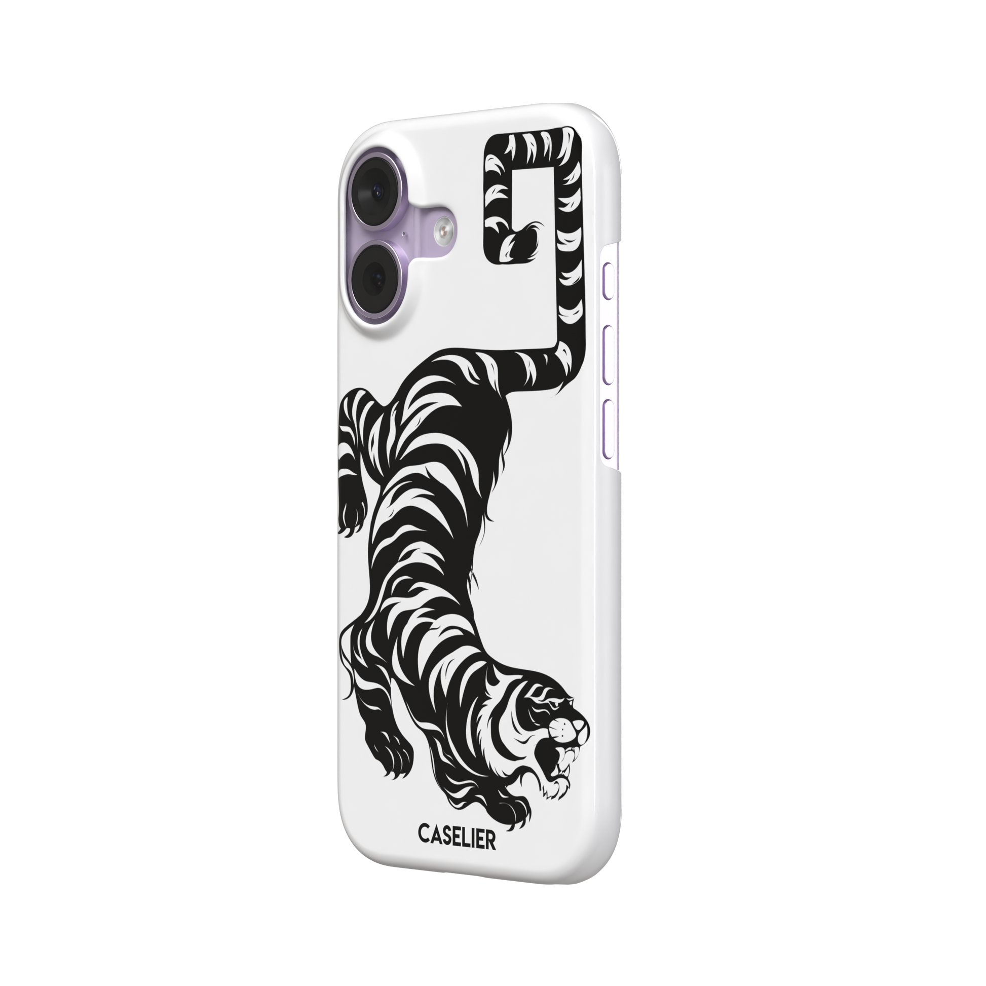 Big Kitty phone case in white — black graphic tiger crouching on a clean white background with a striped curling tail, phone case by Caselier — snap case, right view